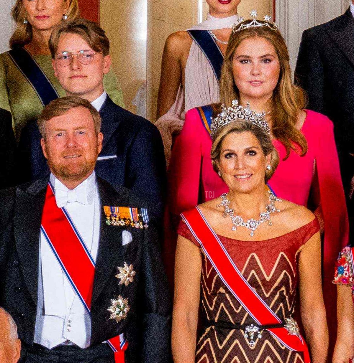 Norway's Princess Ingrid Alexandra (front C) poses for a with Norway's Queen Sonja and King Harald and other guests on the occasion of a gala dinner for her 18th birthday in Oslo on June 17, 2022