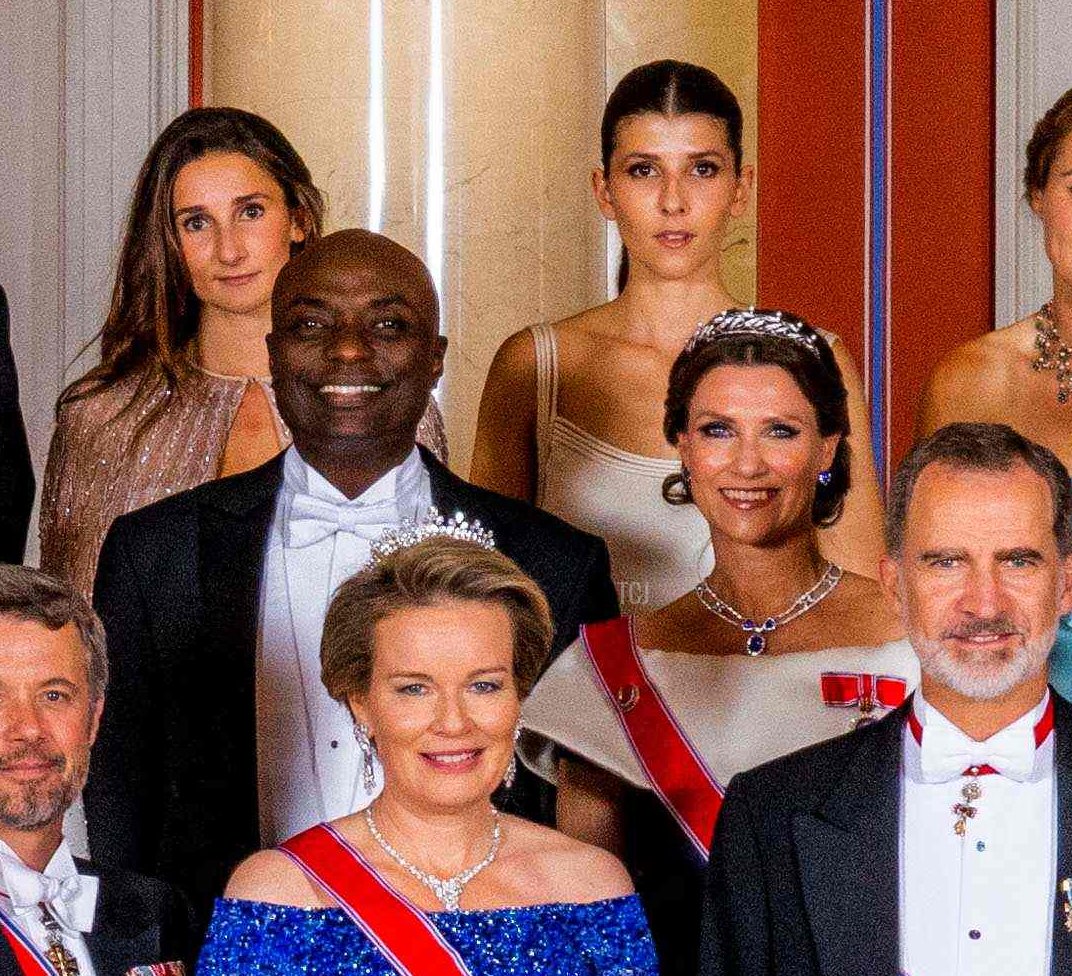 Norway's Princess Ingrid Alexandra (front C) poses for a with Norway's Queen Sonja and King Harald and other guests on the occasion of a gala dinner for her 18th birthday in Oslo on June 17, 2022