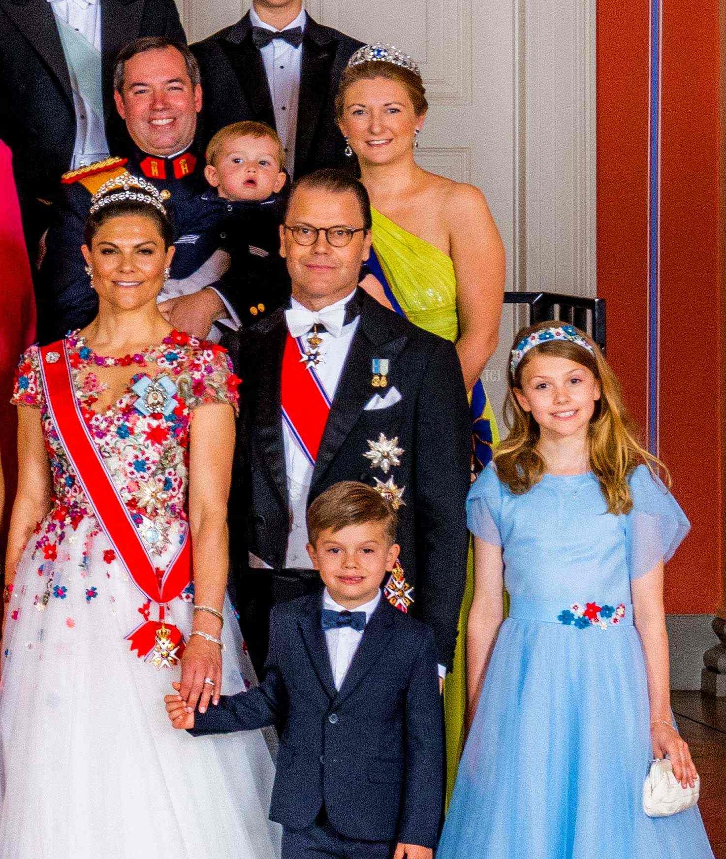 Norway's Princess Ingrid Alexandra (front C) poses for a with Norway's Queen Sonja and King Harald and other guests on the occasion of a gala dinner for her 18th birthday in Oslo on June 17, 2022