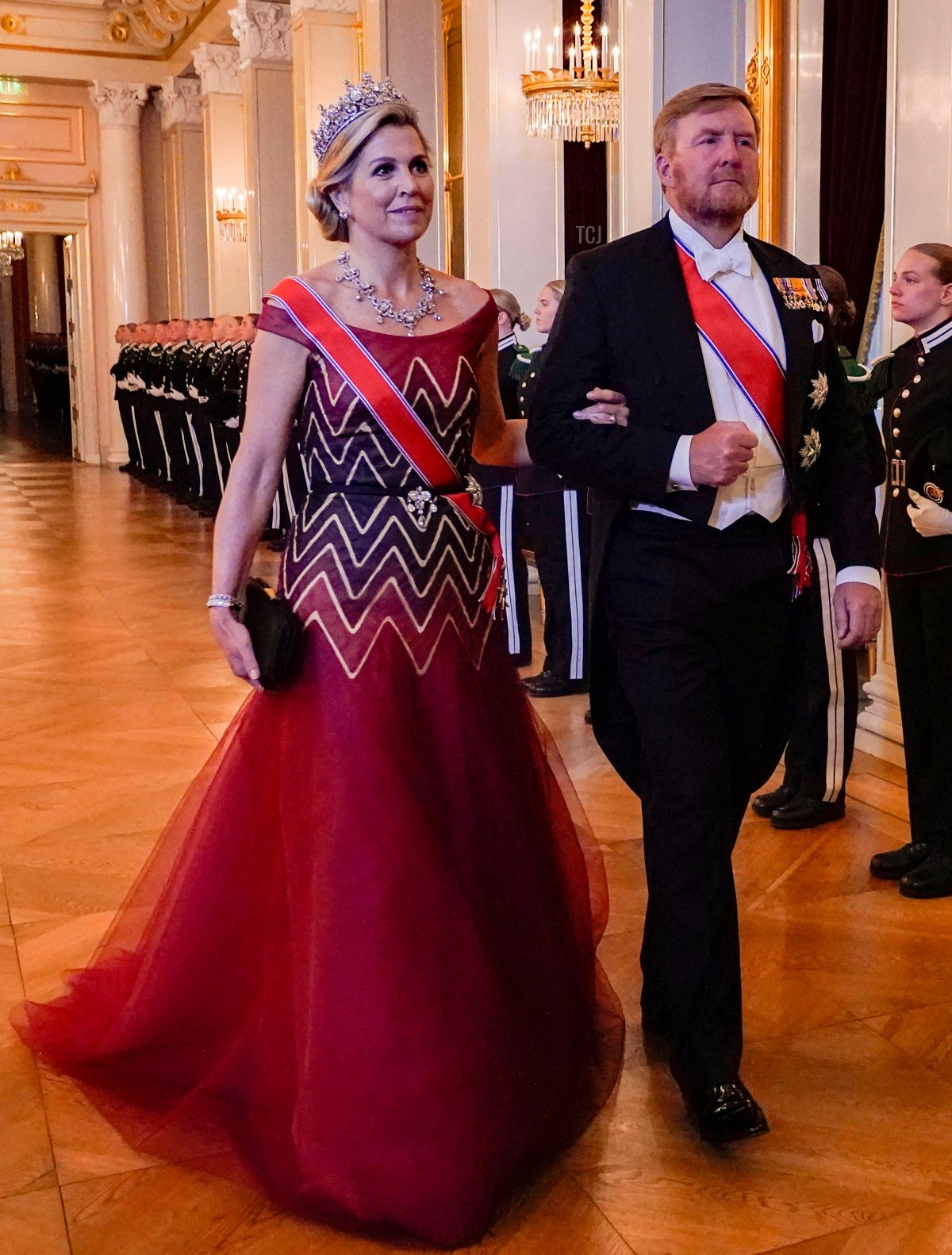 Queen Maxima and King Willem-Alexander of the Netherlands arrive for a gala dinner on the occasion of Norway's Princess Ingrid Alexandra's 18th birthday at the Palace in Oslo on June 17, 2022