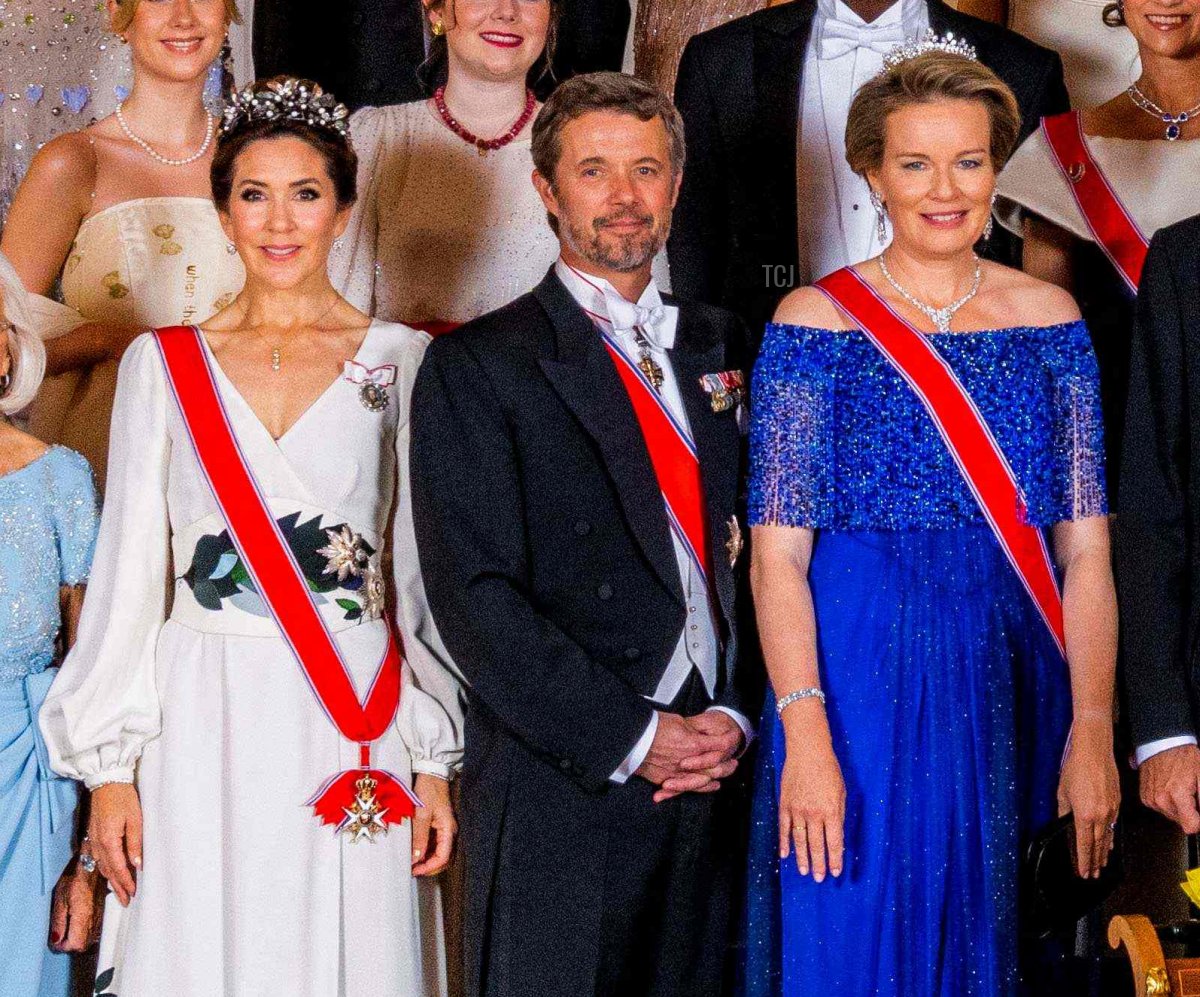 Norway's Princess Ingrid Alexandra (front C) poses for a with Norway's Queen Sonja and King Harald and other guests on the occasion of a gala dinner for her 18th birthday in Oslo on June 17, 2022