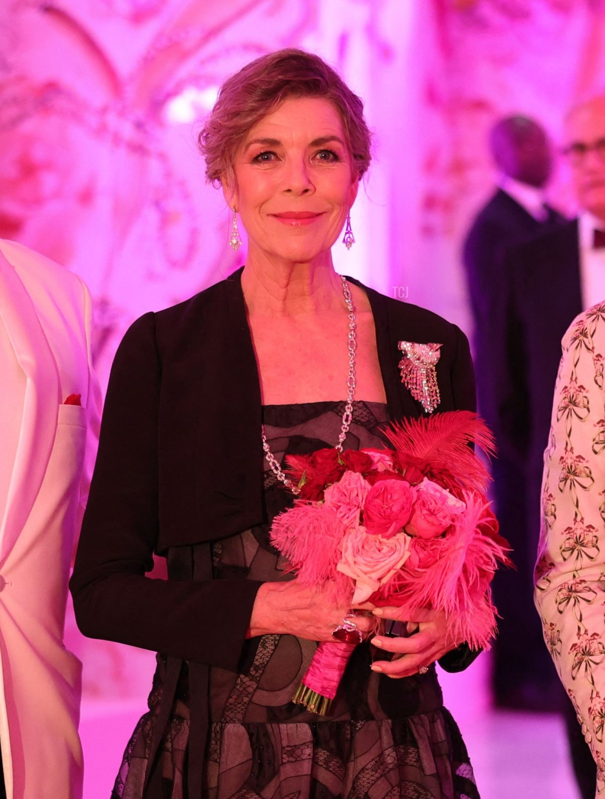 Caroline di Hannover, il Principe Alberto II di Monaco, Christian Louboutin, posano durante il 'Bal de la Rose' (Bal Rose), a Monaco, l'8 luglio 2022