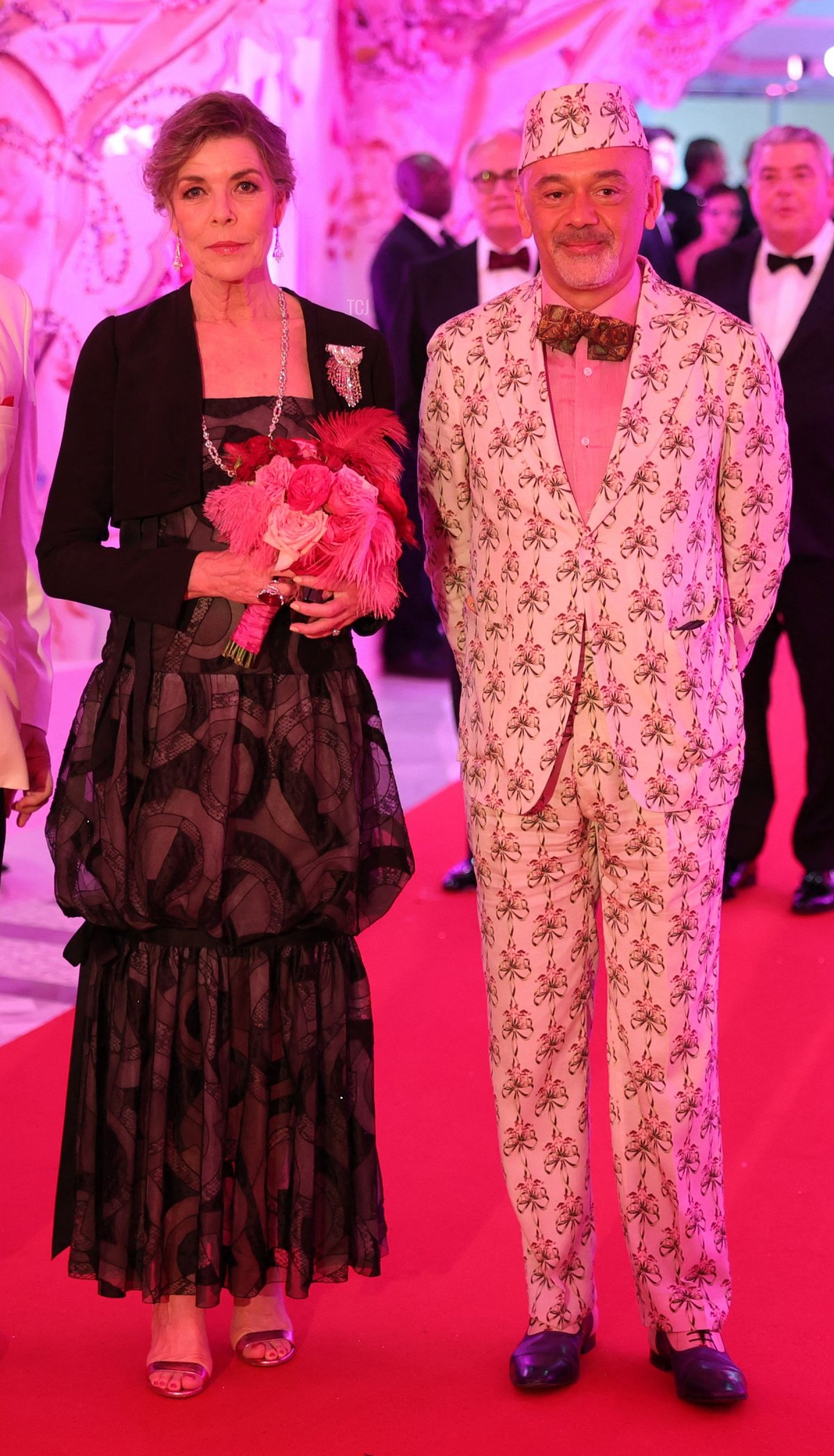 Caroline di Hannover, il Principe Alberto II di Monaco, Christian Louboutin, posano durante il 'Bal de la Rose' (Bal Rose), a Monaco, l'8 luglio 2022