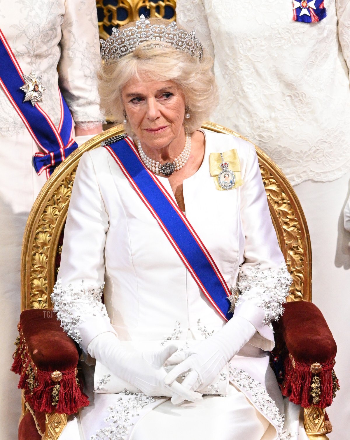 Camilla, Duchessa di Cornovaglia durante il discorso della Regina durante l'Inaugurazione Statale del Parlamento al Palazzo di Westminster il 14 ottobre 2019 a Londra, Inghilterra