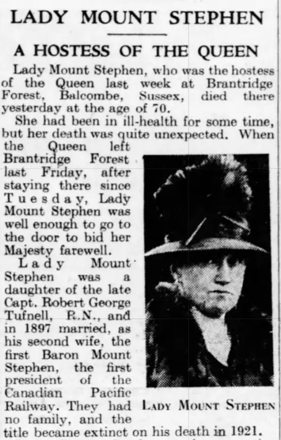 Necrologio di Lady Mount Stephen, 1933