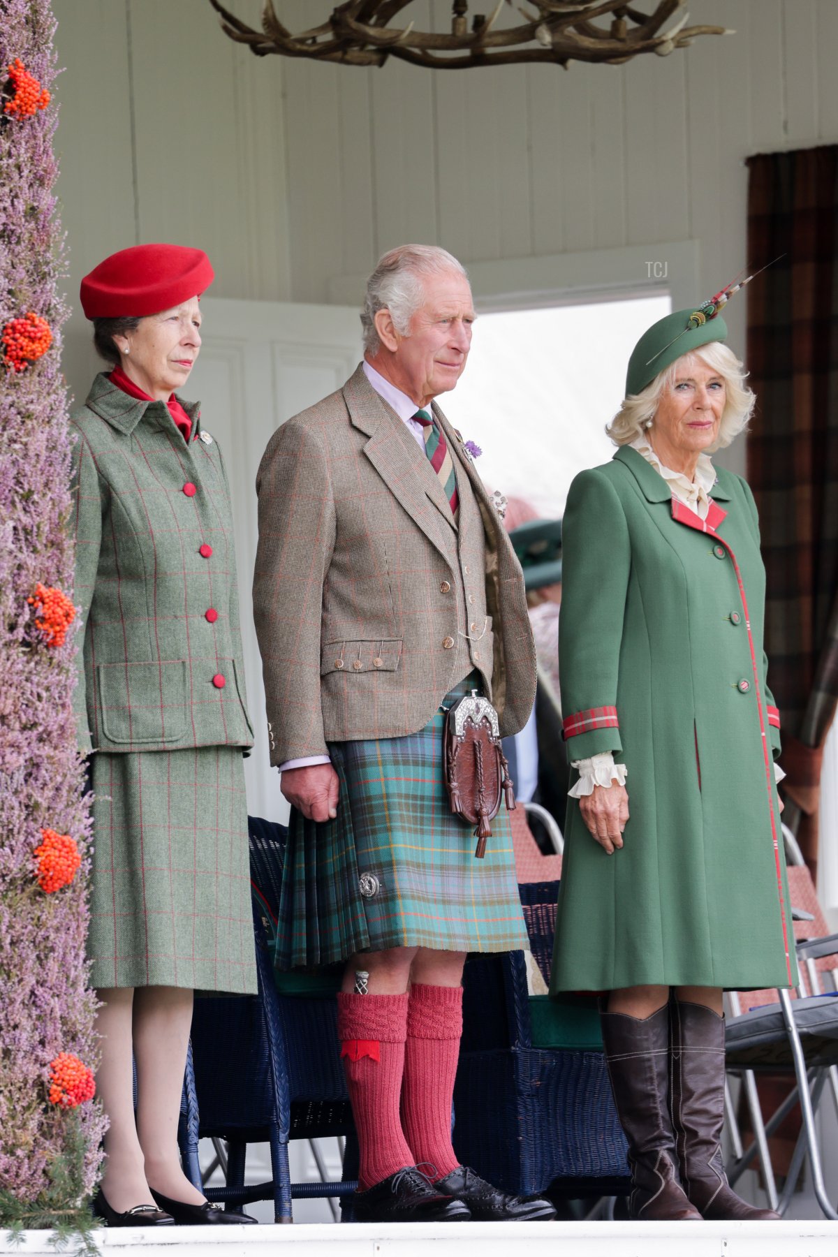 Anne, Princess Royal, Prince Charles, Prince of Wales, known as the Duke of Rothesay when in Scotland and Camilla, Duchess of Cornwall attend the Braemar Highland Gathering at the Princess Royal & Duke of Fife Memorial Park on September 03, 2022 in Braemar, Scotland