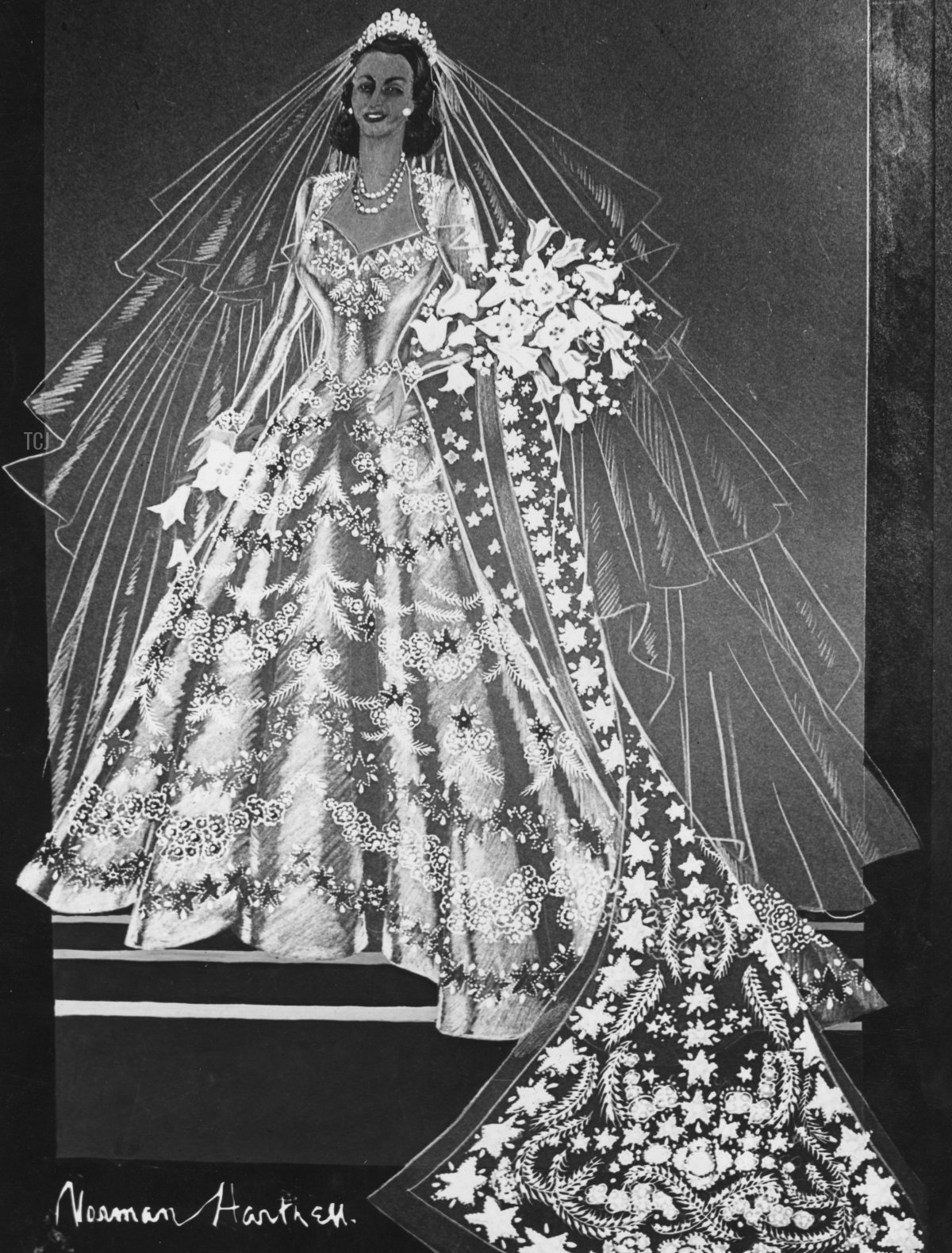 Uno schizzo del vestito da sposa della Principessa Elisabetta realizzato da Norman Hartnell