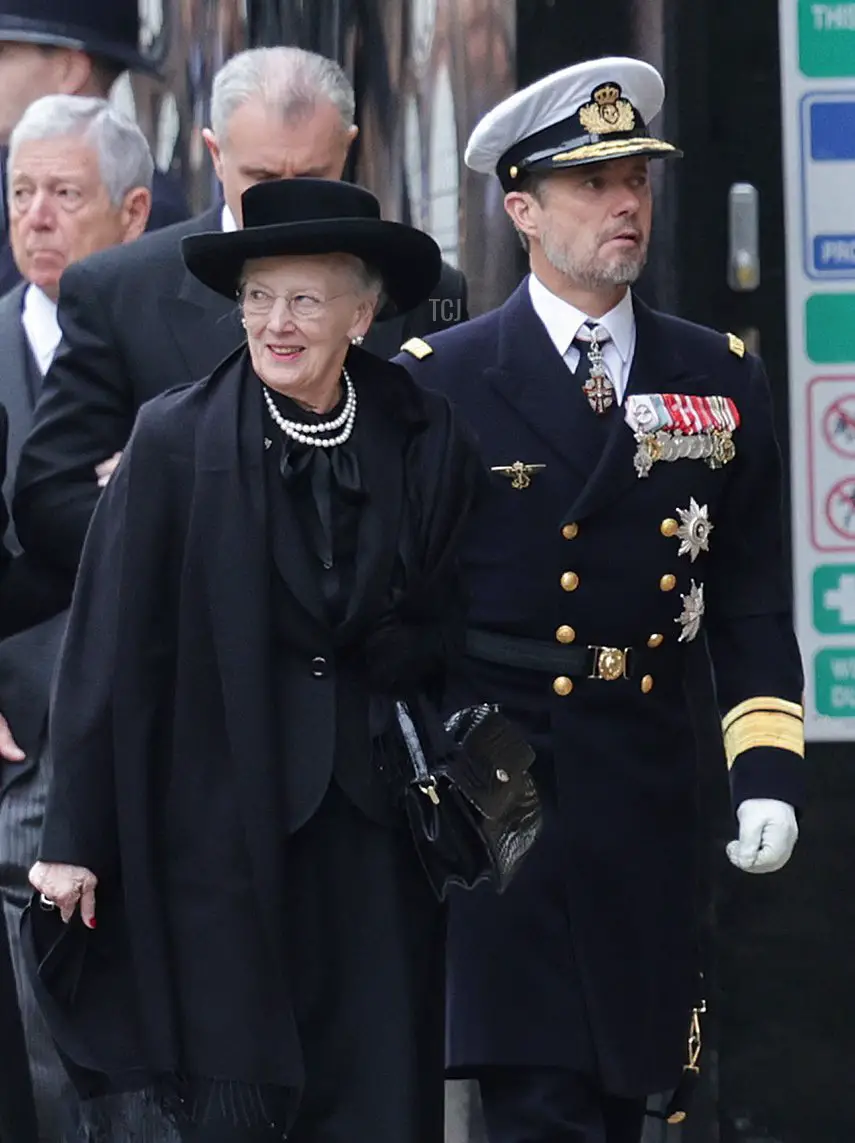 La Principessa Caterina di Serbia, Margareta di Romania, la Regina Margrethe II di Danimarca e il Principe Ereditario Frederik di Danimarca arrivano all'Abbazia di Westminster per il Funerale di Stato della Regina Elisabetta II il 19 settembre 2022 a Londra, Inghilterra