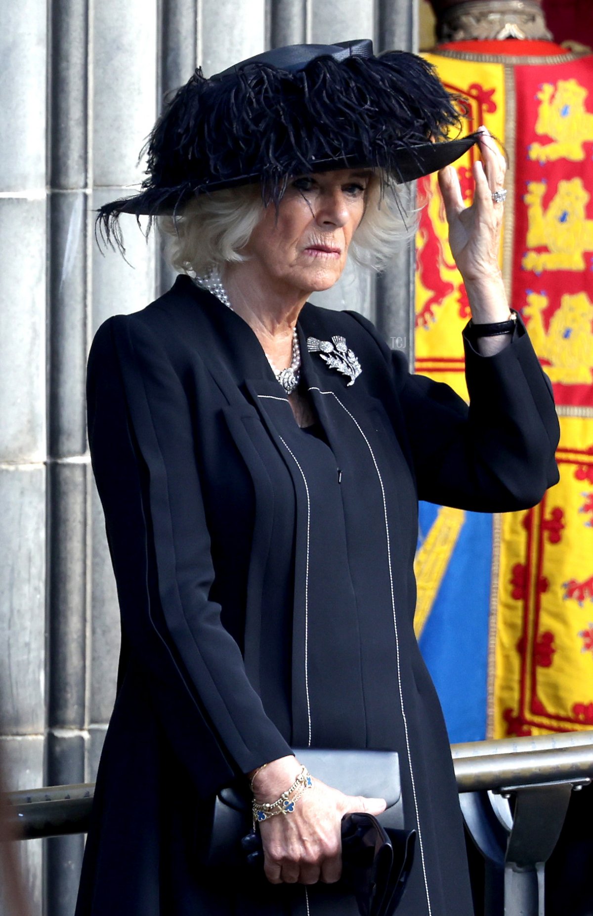 Camilla, Regina Consorte, arriva alla Cattedrale di St Giles il 12 settembre 2022 a Edimburgo, Scozia