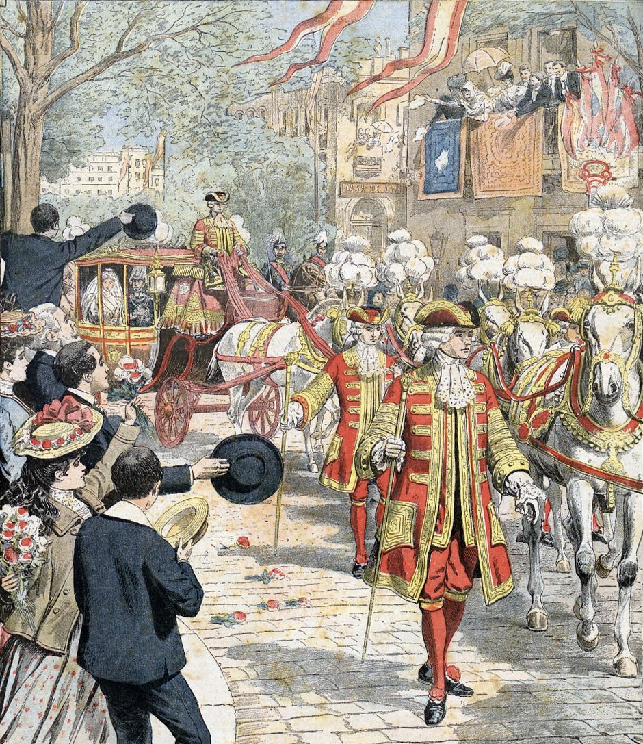 Illustrazione della processione nuziale di Alfonso e Ena da Le Petit Journal, 1906 (Wikimedia Commons)