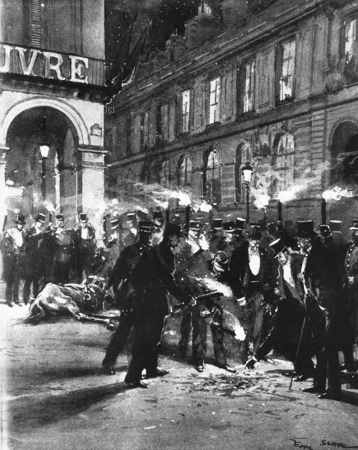 La scena dell'esplosione dopo il tentativo di assassinare il re spagnolo Alfonso XIII, mentre lasciava l'Opera di Parigi