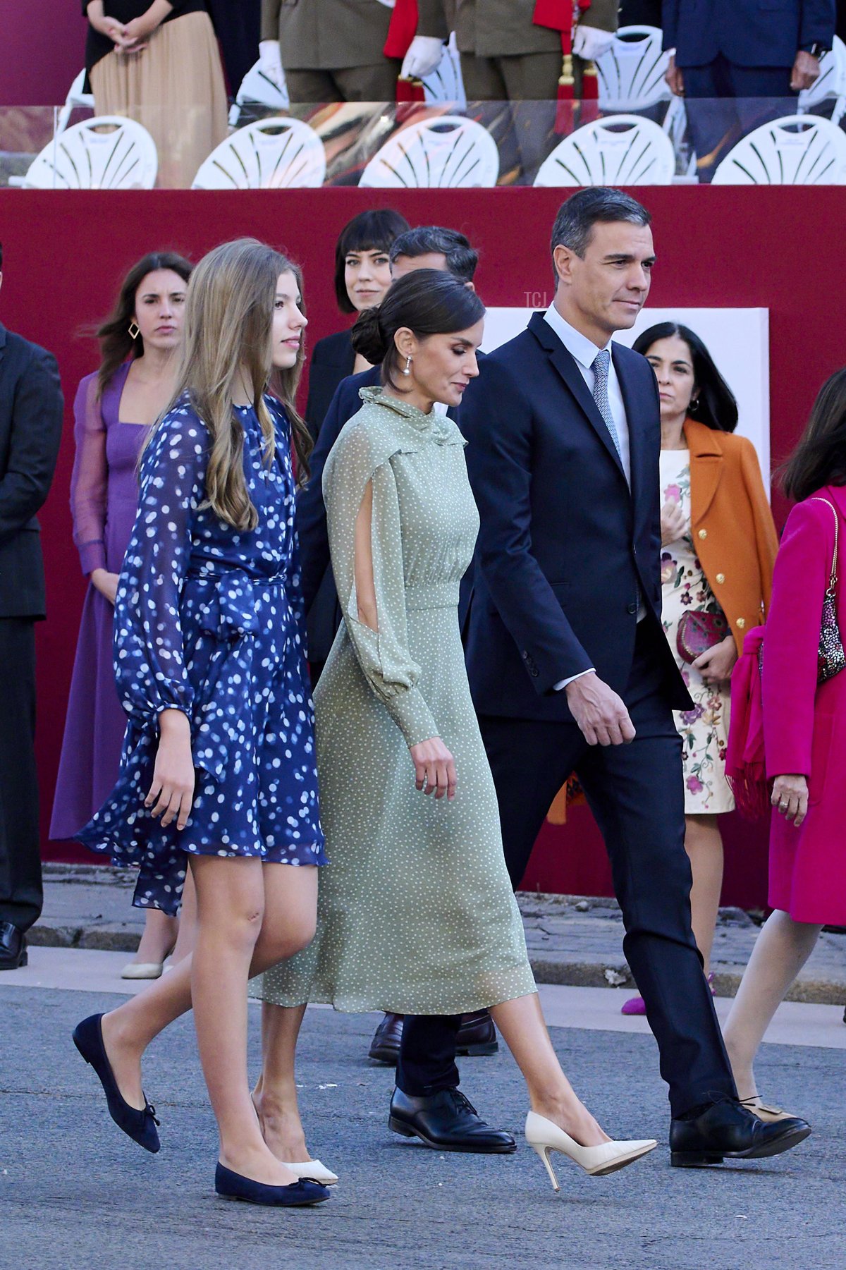 Principessa Sofia di Spagna, Regina Letizia di Spagna e Primo Ministro Pedro Sanchez partecipano alla Sfilata Militare della Giornata Nazionale il 12 ottobre 2022 a Madrid, Spagna