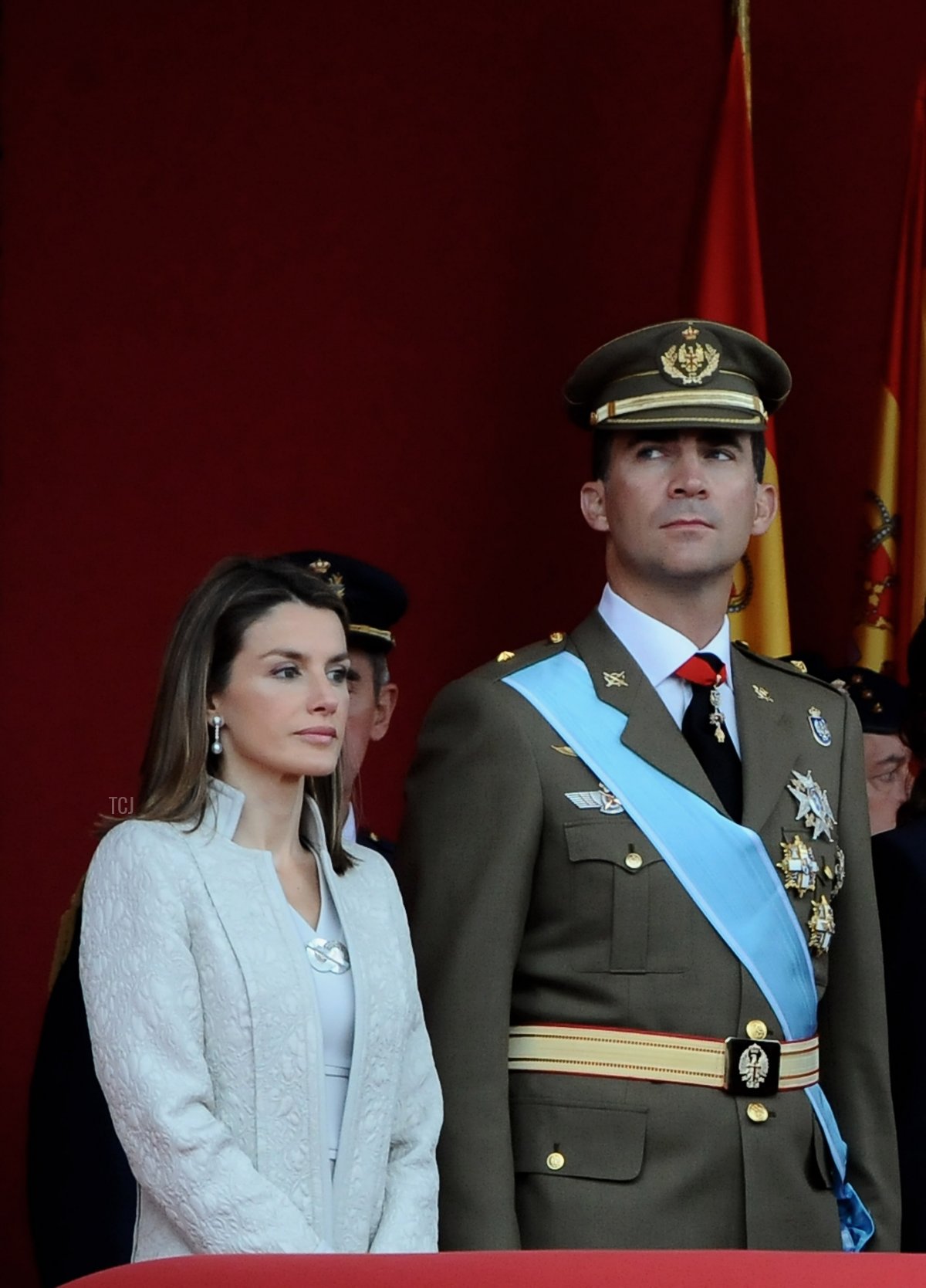 Il Principe ereditario Felipe e la Principessa Letizia di Spagna durante la Sfilata Militare della Giornata Nazionale di Spagna il 12 ottobre 2008 a Madrid, Spagna