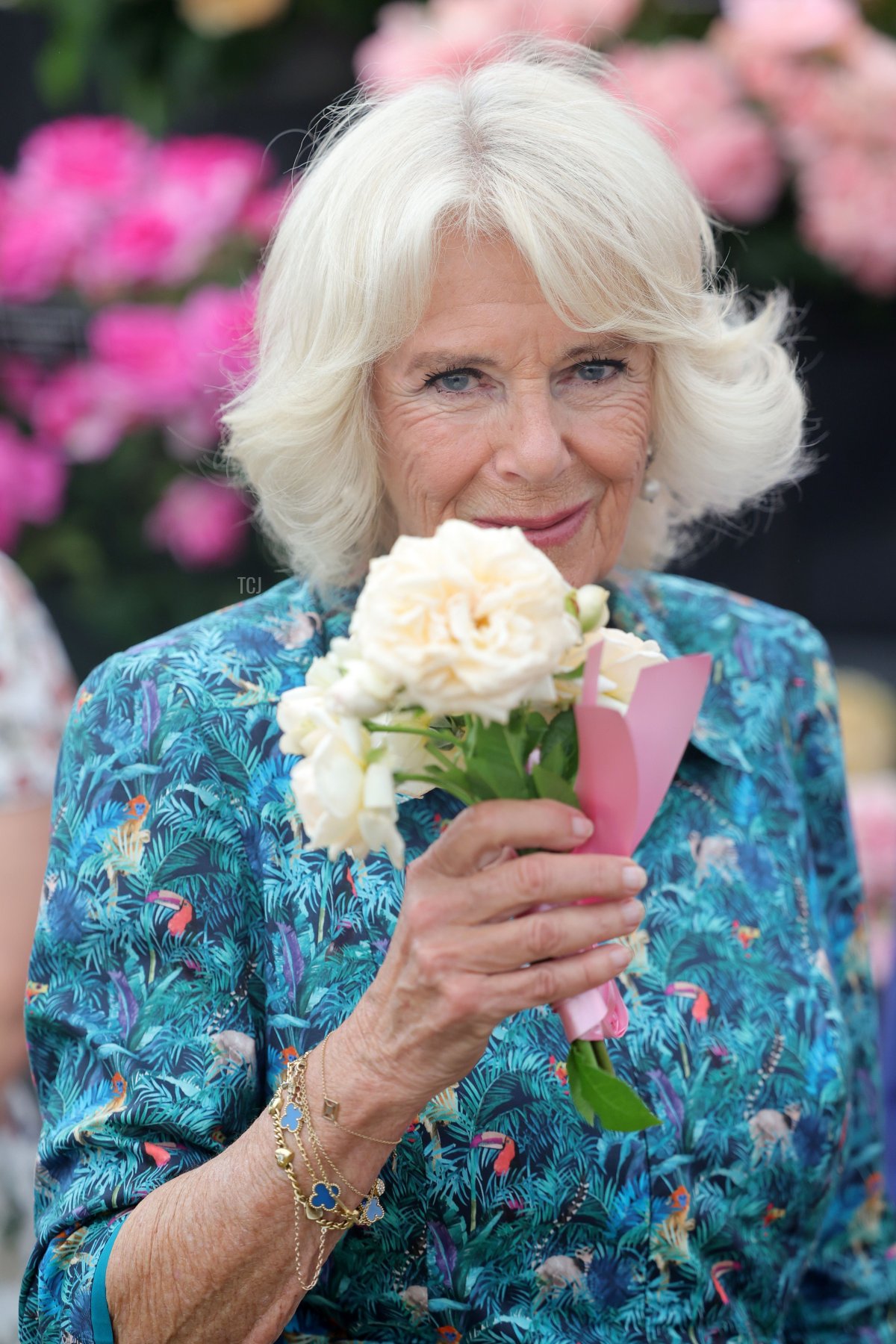 Camilla, Duchess of Cornwall smiles during a visit to The Sandringham Flower Show 2022 at Sandringham on July 27, 2022 in King's Lynn, England