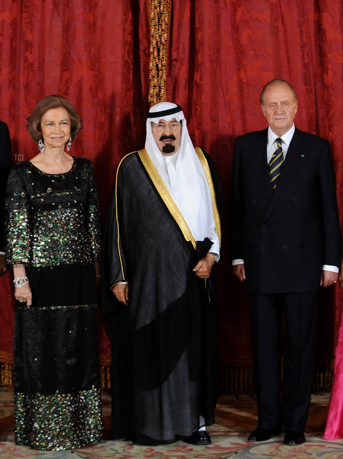 La Regina Sofia, il Re Abdullah Bin Abdelaziz Al Saud dell'Arabia Saudita e il Re Juan Carlos di Spagna posano il 15 luglio 2008 al Palazzo Reale di Madrid, Spagna