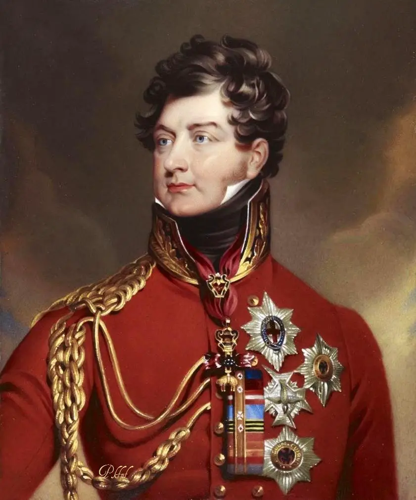 Re Giorgio IV quando era Principe Regente (1762-1830), di profilo a sinistra in uniforme rossa da feldmaresciallo, indossando il distintivo dell'Ordine della Giubba d'Oro, le stelle del petto dell'Ordine della Giarrettiera, il Saint Esprit, l'Aquila Nera e San Andrea e nastri in miniatura