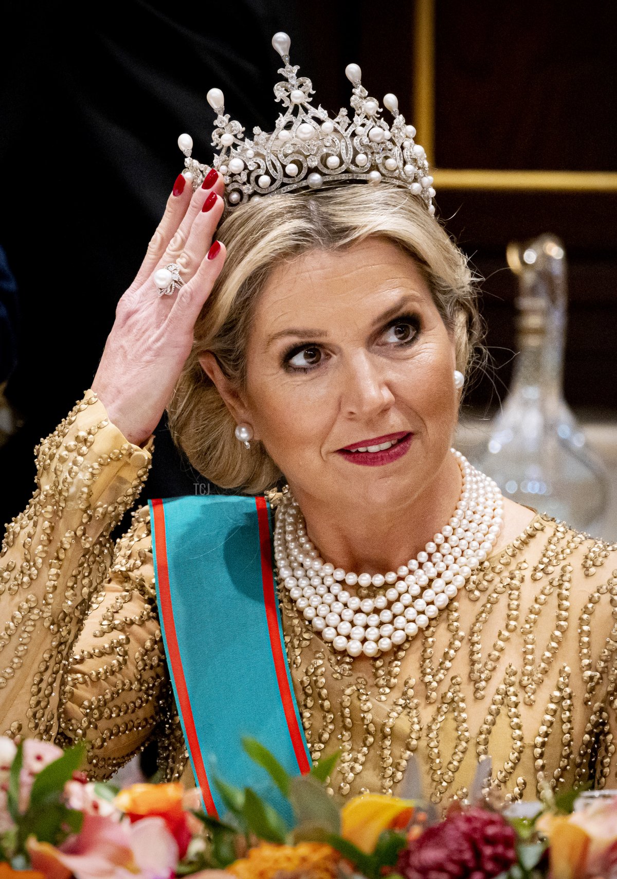 La regina Maxima dei Paesi Bassi partecipa al banchetto di stato per il presidente Sergio Mattarella e sua figlia Laura Mattarella al termine del primo giorno della visita di Stato italiana ai Paesi Bassi nel Palazzo Reale il 9 novembre 2022 ad Amsterdam, Paesi Bassi