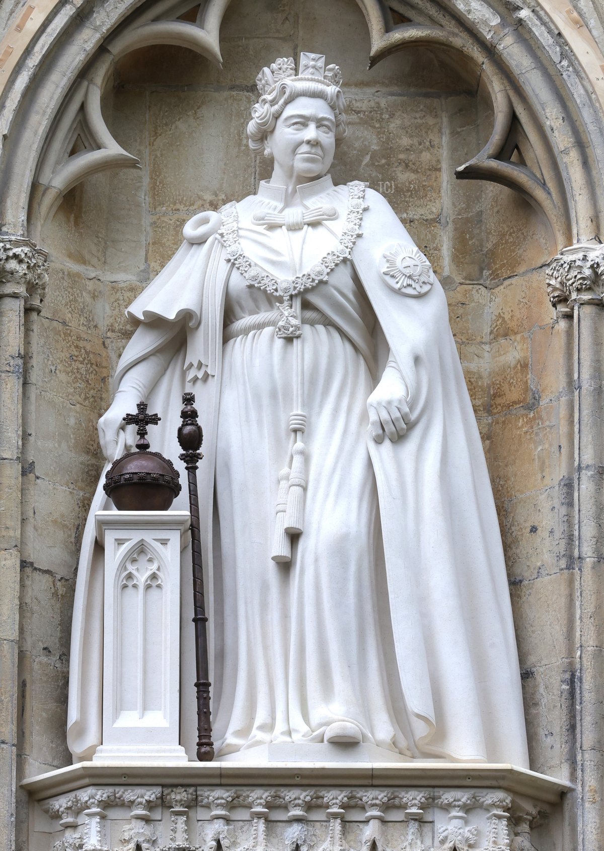 The statute of Queen Elizabeth II at York Minster unveiled by King Charles III and Camilla, Queen Consort during an official visit to Yorkshire on November 09, 2022 in York, England