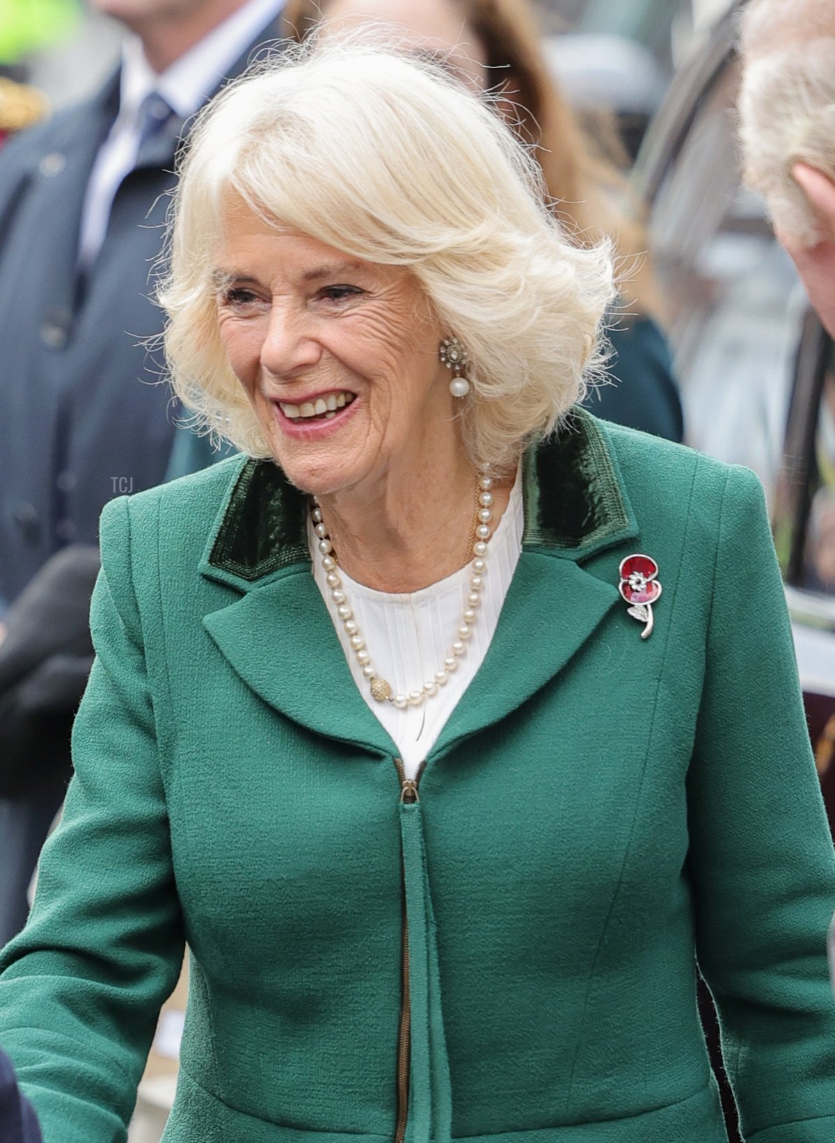 Camilla, Queen Consort shakes hands with a dignitary as she arrives with King Charles III for the Welcoming Ceremony to the City of York at Micklegate Bar during an official visit to Yorkshire on November 09, 2022 in York, England