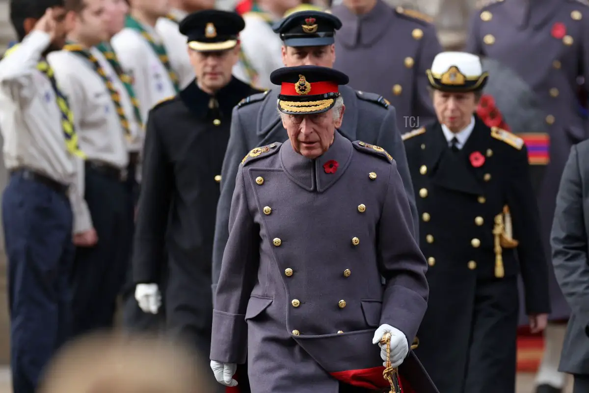 Il Principe Edoardo, Conte di Wessex, Re Carlo III, Principe William, Principe di Galles e Principessa Anna, Principessa Reale partecipano alla cerimonia di Remembrance Sunday al Cenotaph a Whitehall il 13 novembre 2022