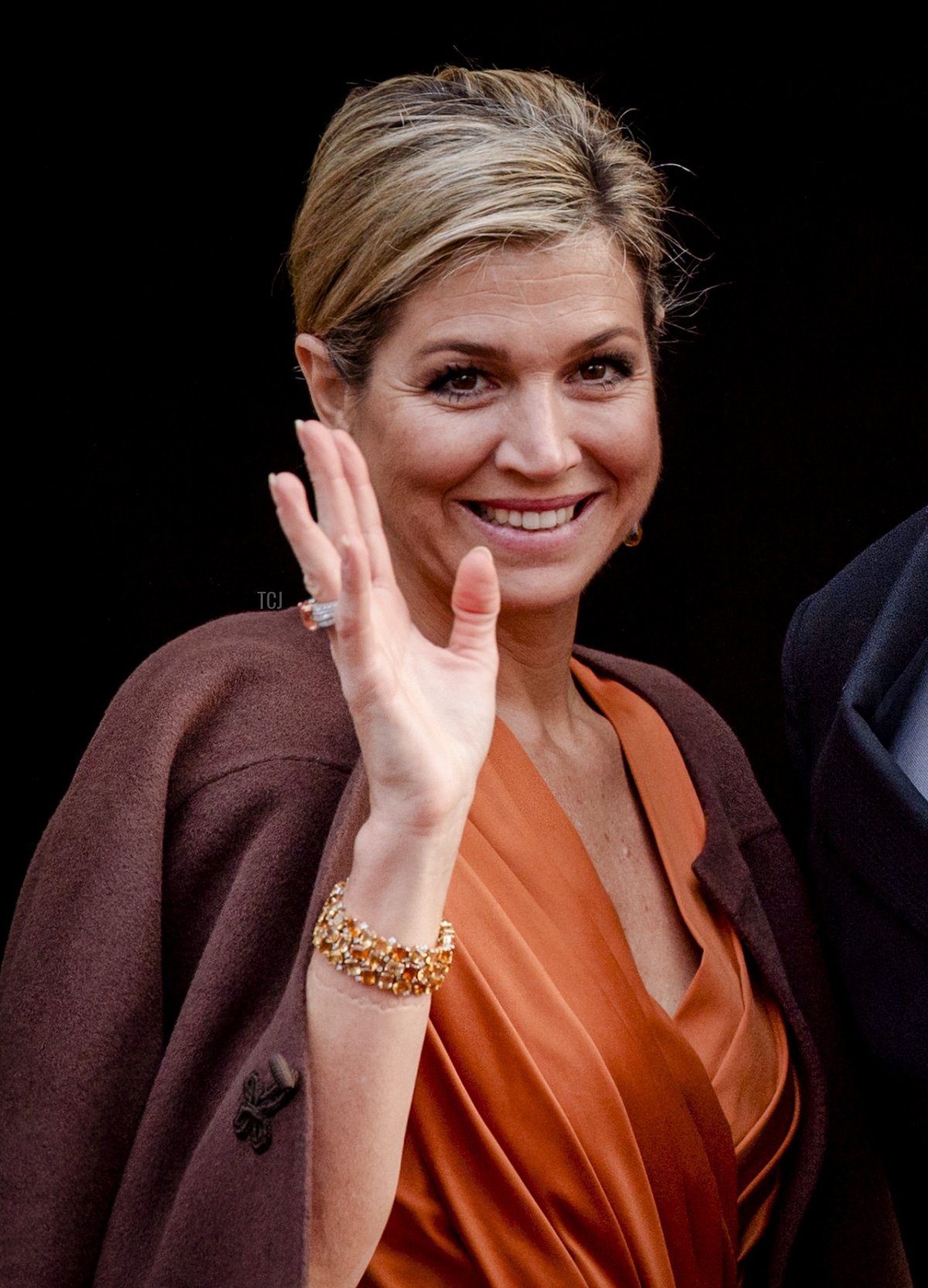 Il re olandese Willem-Alexander (2-R) e la regina Maxima (2-L) salutano mentre arrivano per il tradizionale ricevimento di Capodanno al Palazzo Reale di Piazza Dam ad Amsterdam, il 13 gennaio 2016