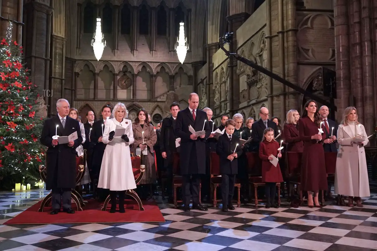 King Charles III (C), Queen Camilla, Prince William, Prince George, Princess Charlotte, Catherine and Sophie attend the 'Together At Christmas Carol Service' at Westminster Abbey, in London, on December 15, 2022