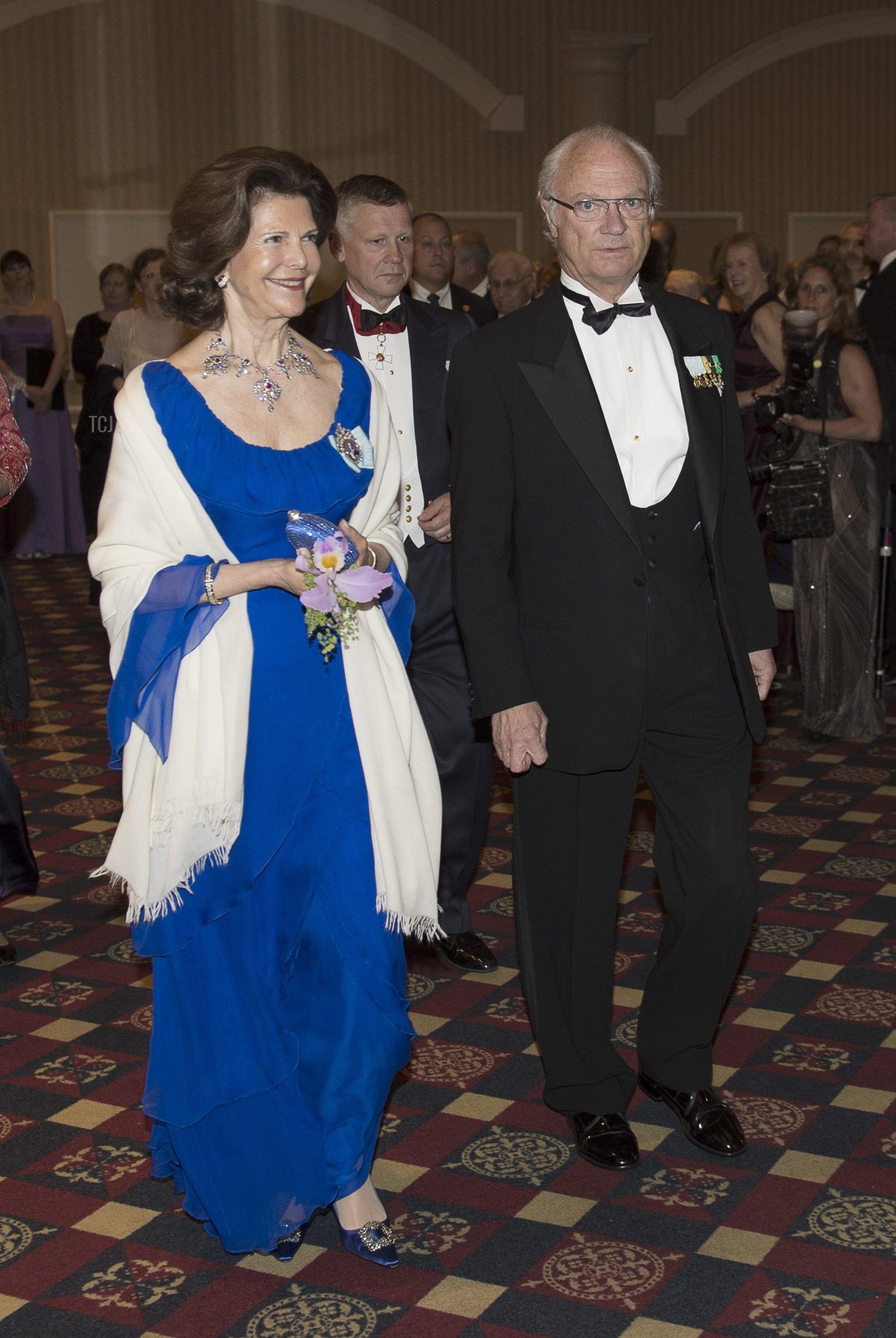 La regina Silvia e il re Carl Gustaf arrivano a una cena di gala per celebrare il 375° anniversario della fondazione della colonia New Sweden a Wilmington, Delaware, l'11 maggio 2013