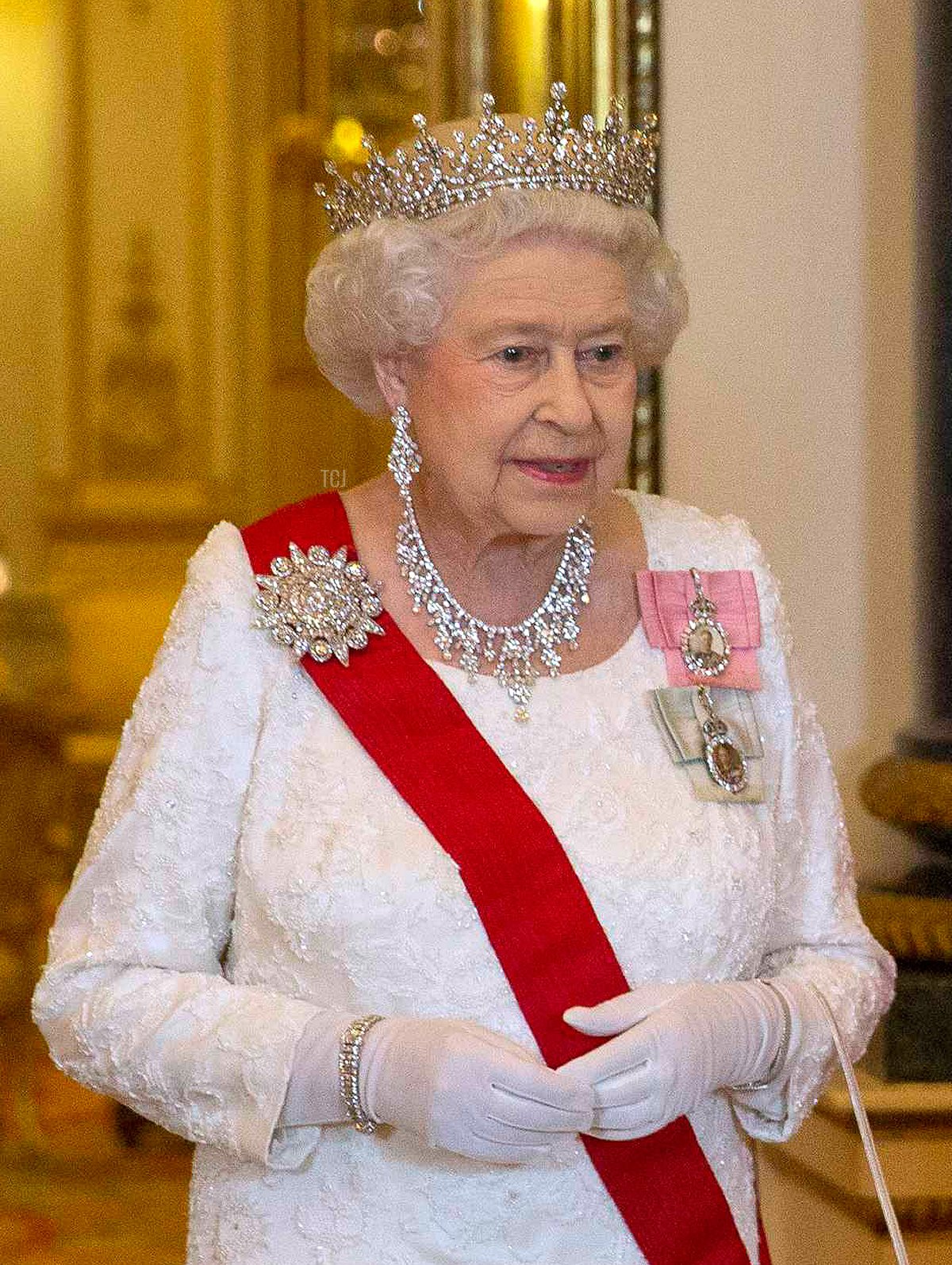 La Regina Elisabetta II è ritratta prima del banchetto di stato coreano al Palazzo di Buckingham il 5 novembre 2013 a Londra, Inghilterra (Neil Hall-WPA Pool/Getty Images)