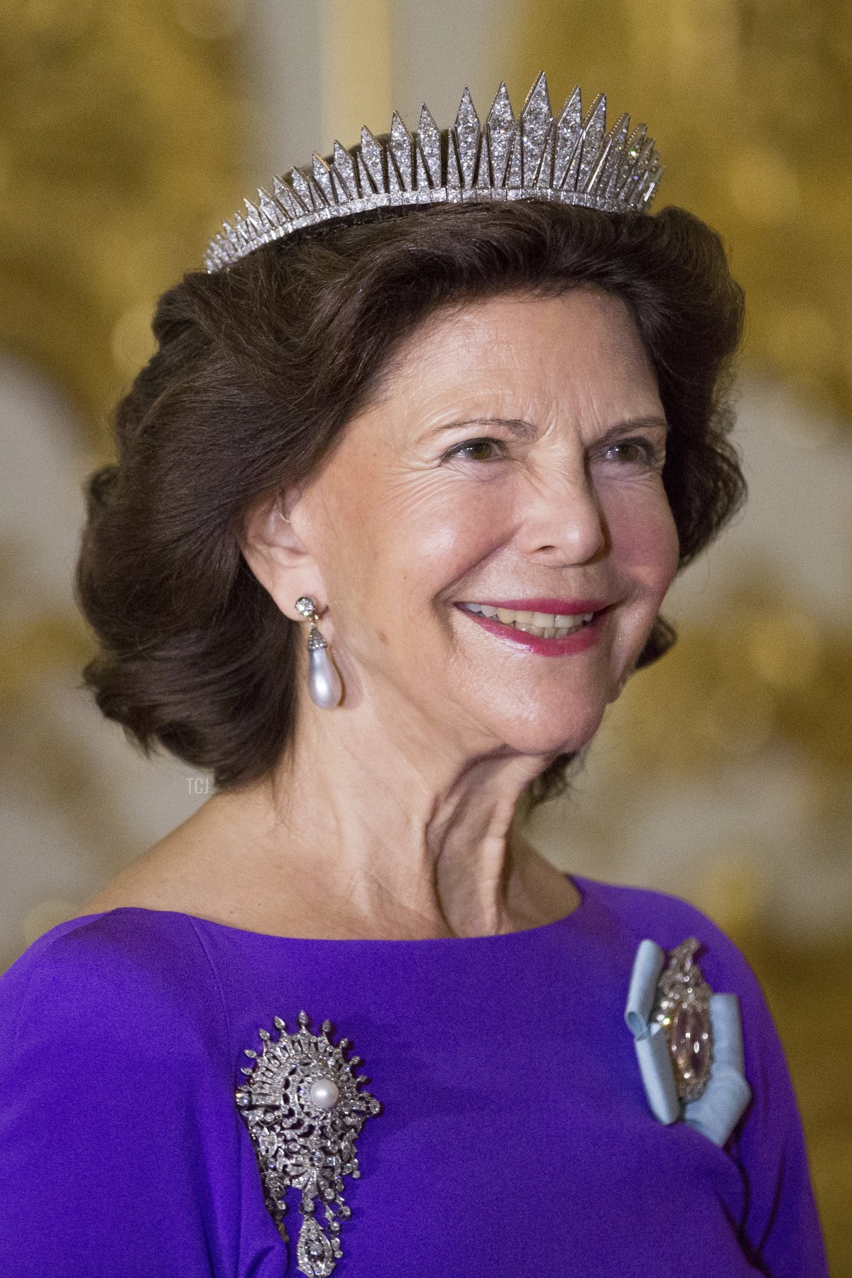 La Regina Silvia di Svezia sorride prima di una cena ufficiale ospitata dalla Svezia al Palazzo di Charlottenburg a Berlino, il 6 ottobre 2016 (MAJA HITIJ/AFP via Getty Images)