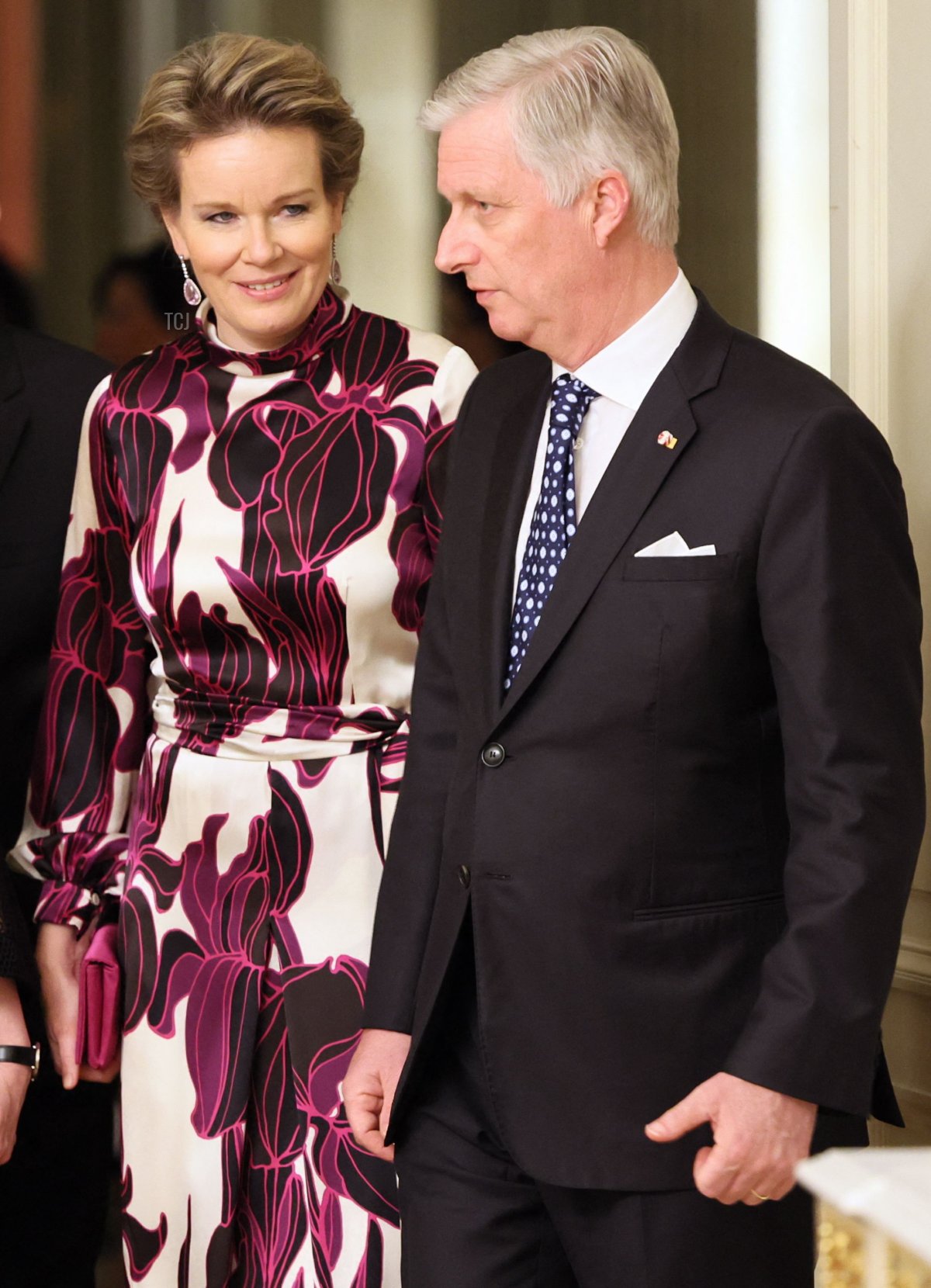 Il re Philippe e la regina Matilde dei belgi durante la cena di Stato austriaca al Palazzo Reale di Laeken, 21 marzo 2022 (BENOIT DOPPAGNE/BELGA MAG/AFP via Getty Images)