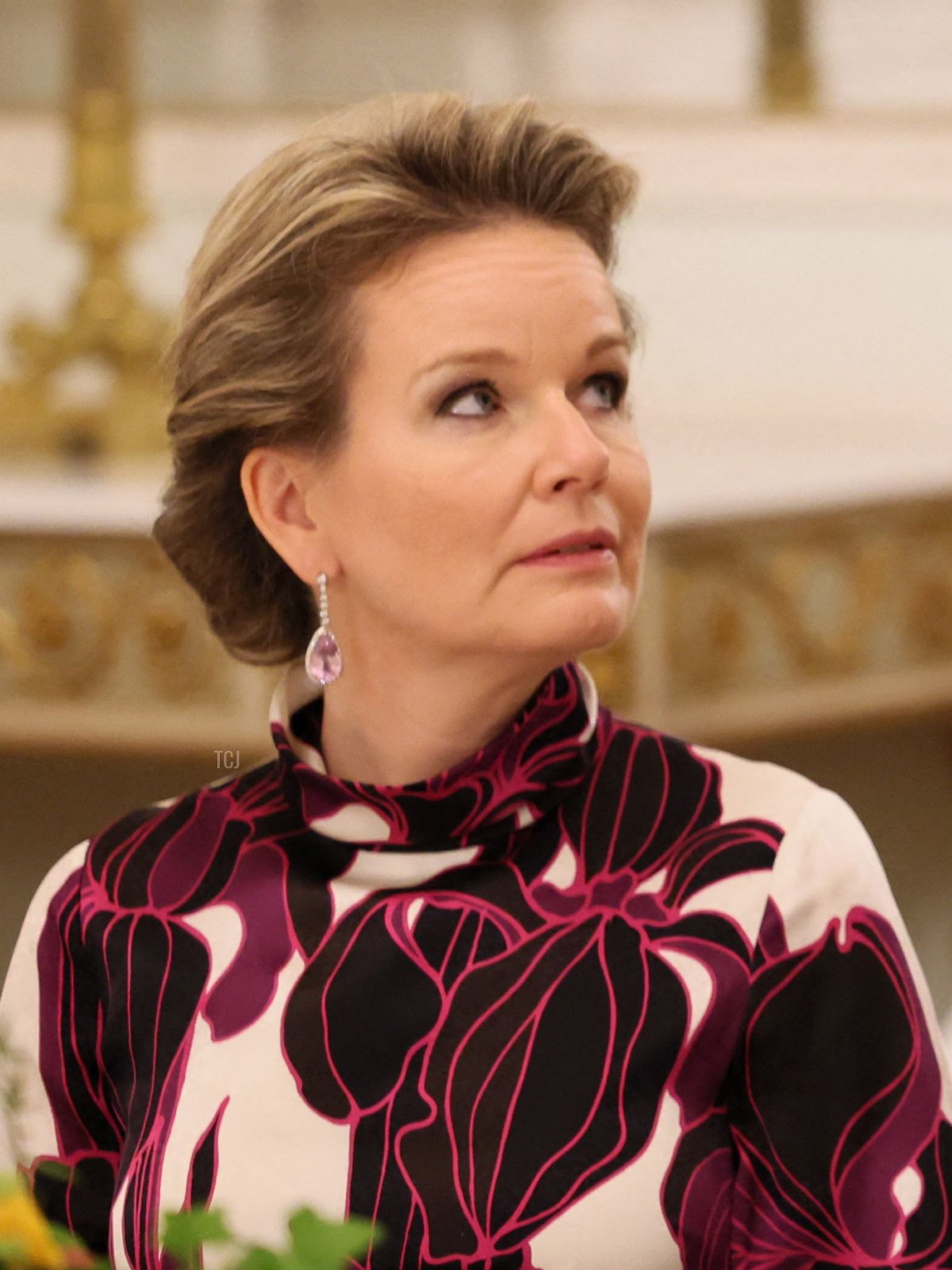 La regina Matilde dei belgi ascolta il presidente austriaco Alexander Van der Bellen mentre parlano durante una cena ufficiale al castello reale di Laeken, 21 marzo 2022 (BENOIT DOPPAGNE/BELGA/AFP via Getty Images)