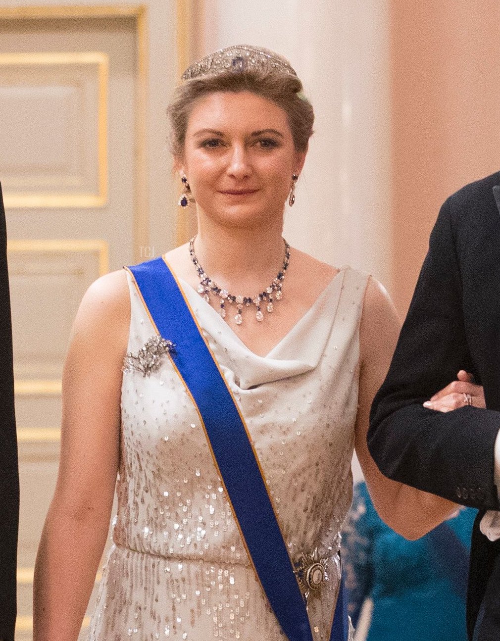 La Granduchessa d'eredità Stéphanie arriva a una cena di gala al Palazzo Reale di Oslo, Norvegia, il 9 maggio 2017 per celebrare l'80° compleanno del Re e della Regina (HAAKON MOSVOLD LARSEN/AFP via Getty Images)