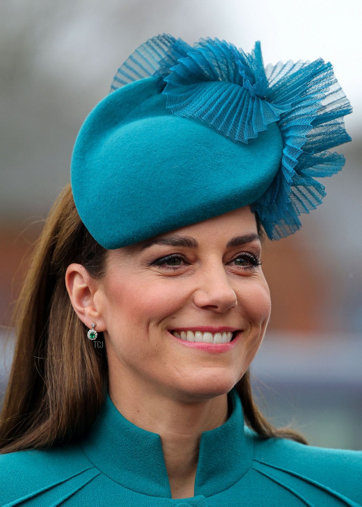 La Principessa del Galles arriva per partecipare alla Parata di San Patrizio del 1° Battaglione dei Gardiani Irlandesi, alle Caserme Mons di Aldershot, a sud-ovest di Londra, il 17 marzo 2023 (CHRIS JACKSON/POOL/AFP via Getty Images)