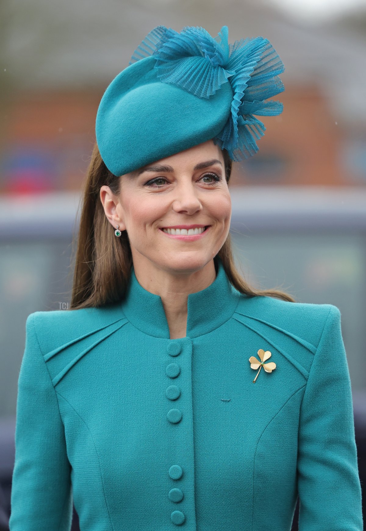 La Principessa del Galles arriva per partecipare alla Parata di San Patrizio del 1° Battaglione dei Gardiani Irlandesi, alle Caserme Mons di Aldershot, a sud-ovest di Londra, il 17 marzo 2023 (CHRIS JACKSON/POOL/AFP via Getty Images)