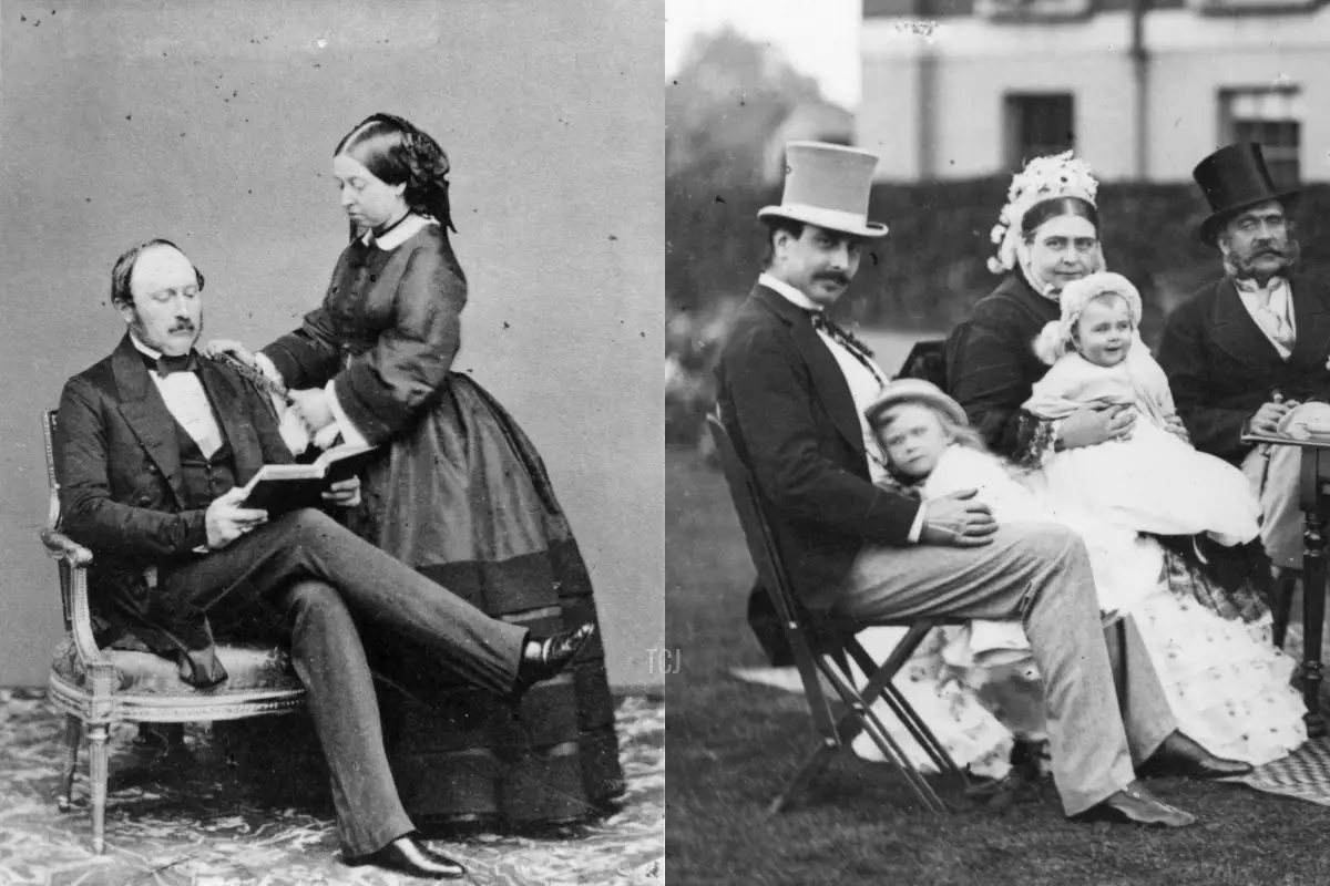 La regina Vittoria e il principe Alberto a Buckingham Palace, 15 maggio 1860 (Keystone/Getty Images); Il duca e la duchessa di Teck con due dei loro figli (inclusa la futura regina Maria) a una festa, ca. 1873 (Hulton Archive/Getty Images)