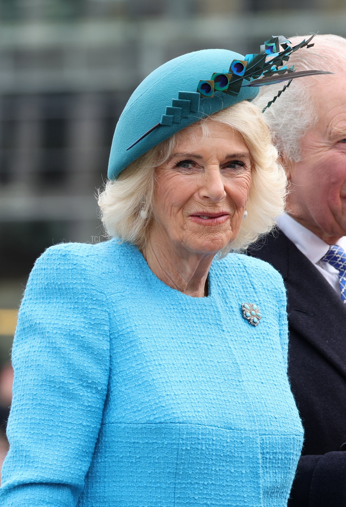 La regina Camilla è ritratta durante la cerimonia di benvenuto alla Porta di Brandeburgo il 29 marzo 2023 a Berlino, Germania (Andreas Rentz/Getty Images)