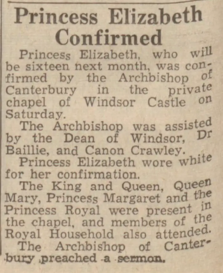 “La Principessa Elisabetta è stata confermata,” Aberdeen Press and Journal, lunedì 30 marzo 1942