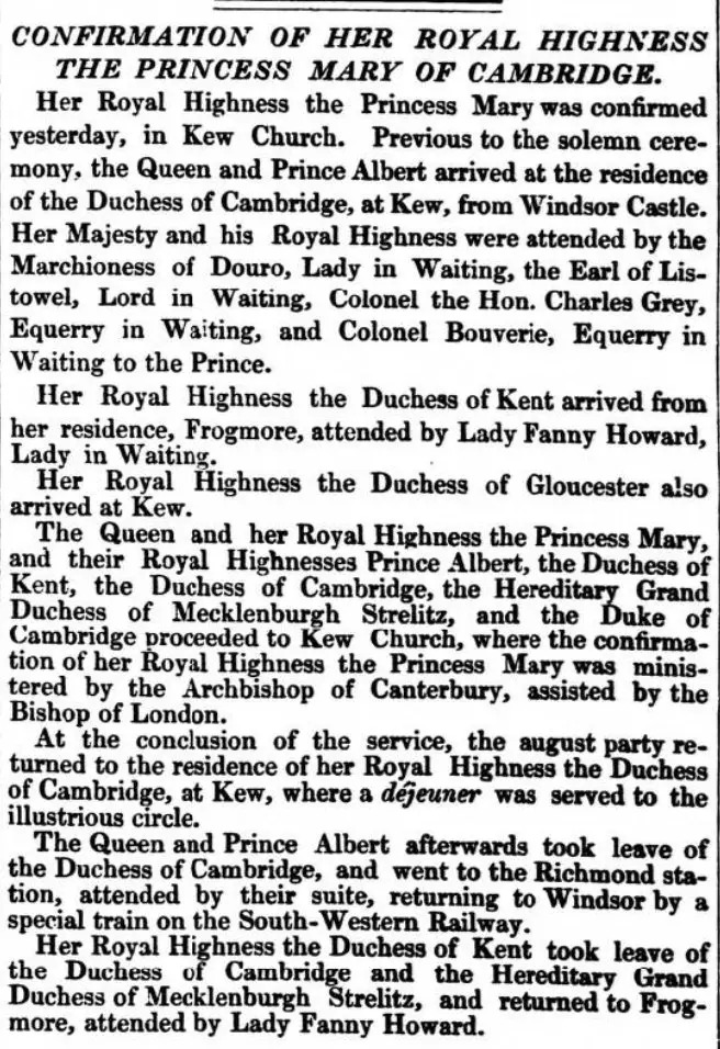 “Conferma della Sua Altezza Reale La Principessa Mary di Cambridge,” Morning Post, venerdì 20 dicembre 1850