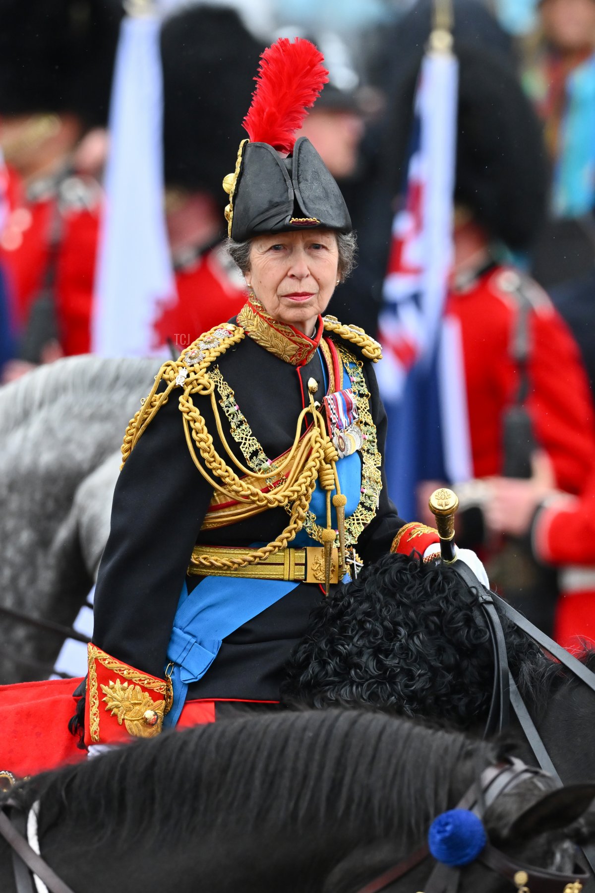 La Principessa Reale, in qualità di Gold Stick, partecipa alla processione in carrozza dopo l'incoronazione del re Carlo III e della regina Camilla a Londra, 6 maggio 2023 (Dan Mullan/Getty Images)