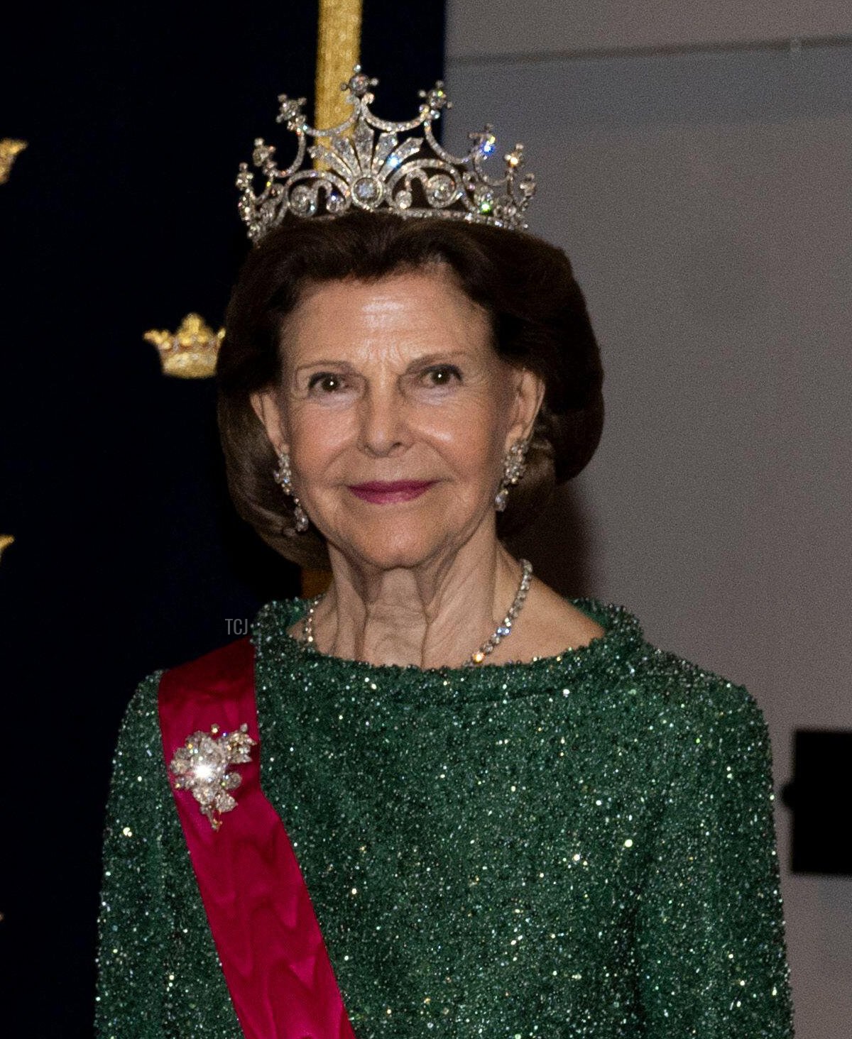 La regina Silvia di Svezia partecipa alla cena di ritorno a Tallinn durante la visita di stato in Estonia, 3 maggio 2023 (Pontus Lundahl/TT News Agency/Alamy)