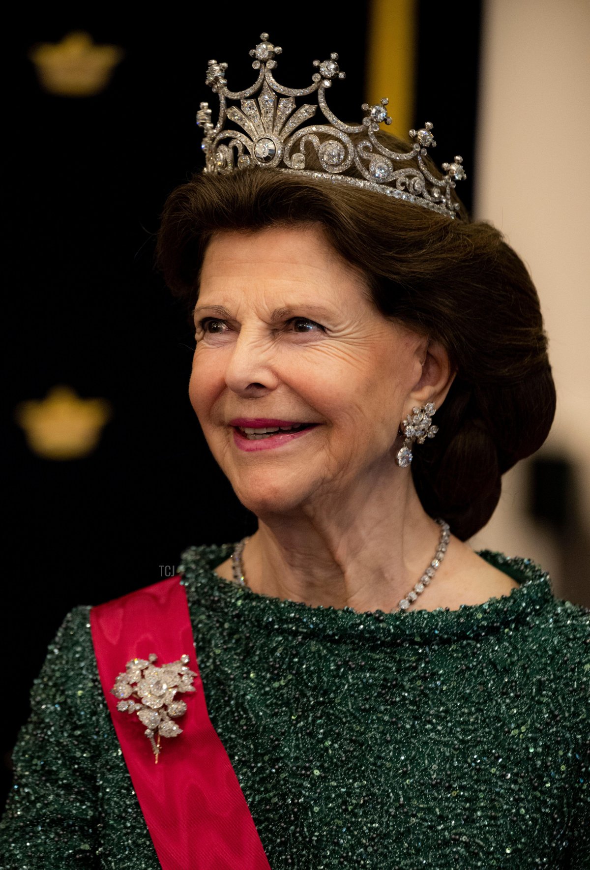 La regina Silvia di Svezia partecipa alla cena di ritorno a Tallinn durante la visita di stato in Estonia, 3 maggio 2023 (Pontus Lundahl/TT News Agency/Alamy)