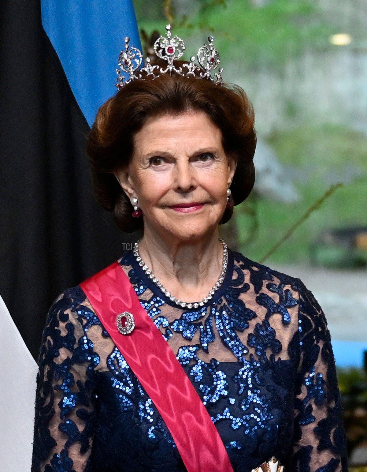 La regina Silvia di Svezia partecipa a una cena di stato ospitata dal presidente dell'Estonia a Tallinn, 2 maggio 2023 (Pontus Lundahl/TT News Agency/Alamy)