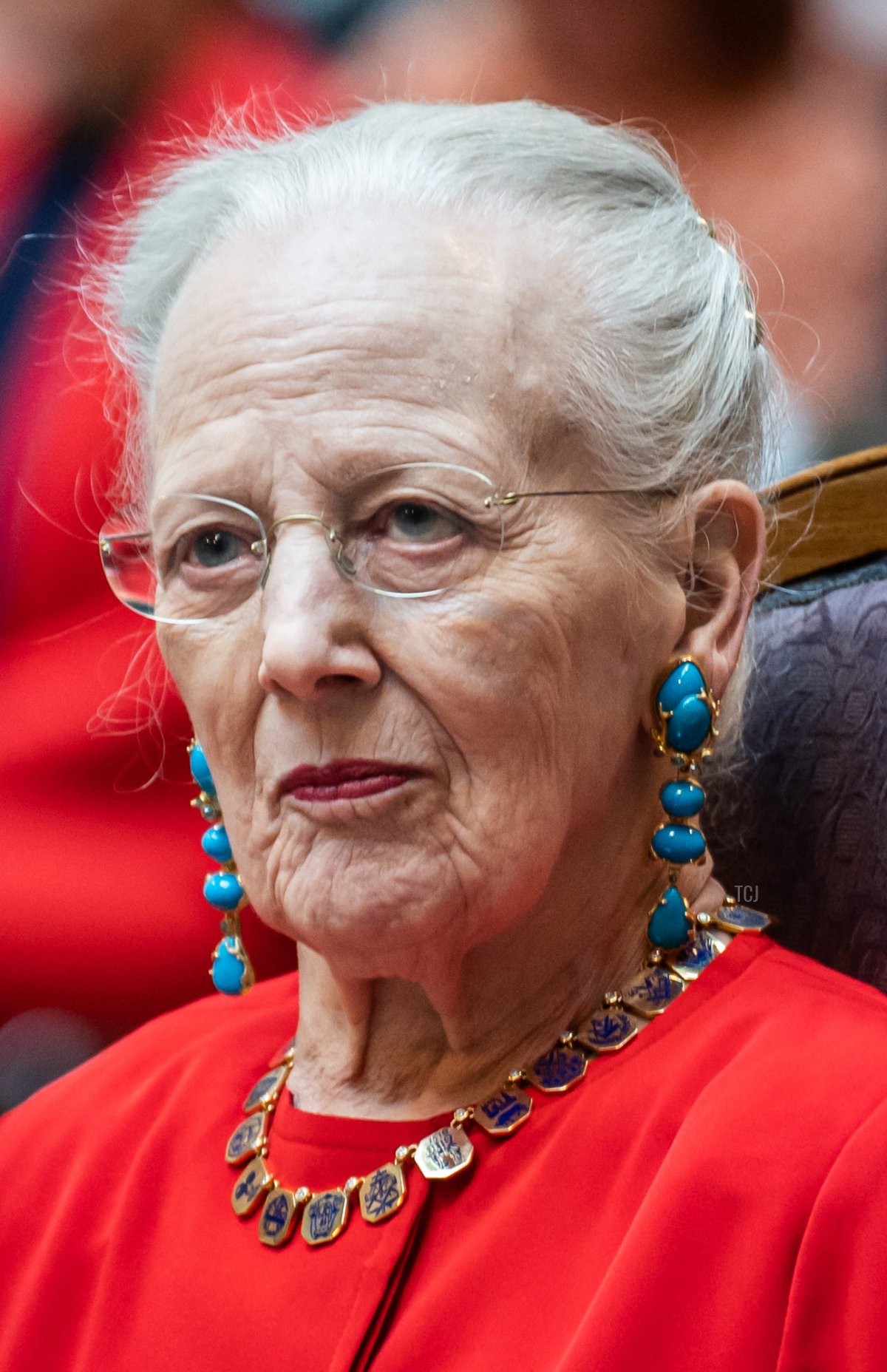 La regina Margherita II di Danimarca partecipa alla presentazione delle medaglie dell'Associazione dei Muratori di Copenaghen in una cerimonia presso il Municipio di Copenaghen il 9 maggio 2023 (EMIL NICOLAI HELMS/Ritzau Scanpix/AFP via Getty Images)