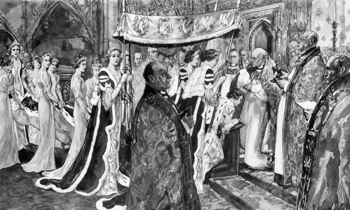 Illustrazione dell'unzione della Regina Elisabetta da parte dell'Arcivescovo di Canterbury durante la cerimonia di incoronazione del 12 maggio 1937 (Chronicle/Alamy)