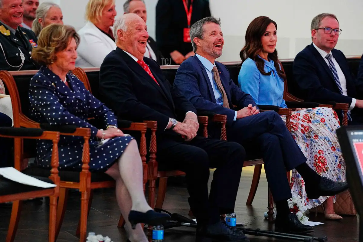 Queen Sonja and King Harald V of Norway and Crown Prince Frederik and Crown Princess Mary of Denmark attend the opening of a business conference at Danish Industry in Copenhagen on June 15, 2023 (LISELOTTE SABROE/Ritzau Scanpix/AFP via Getty Images)