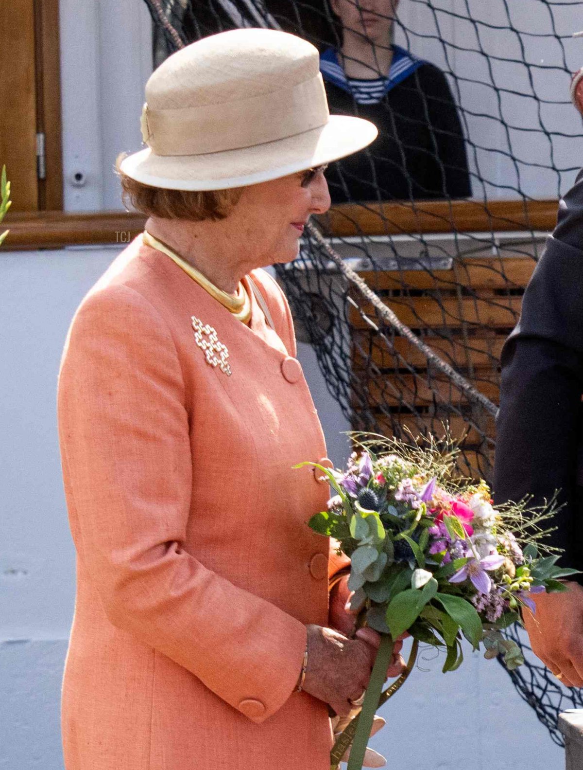 Queen Sonja of Norway disembarks the royal Norwegian ship Norge upon arrival at Aarhus Harbor on June 16, 2023 (BO AMSTRUP/Ritzau Scanpix/AFP via Getty Images)