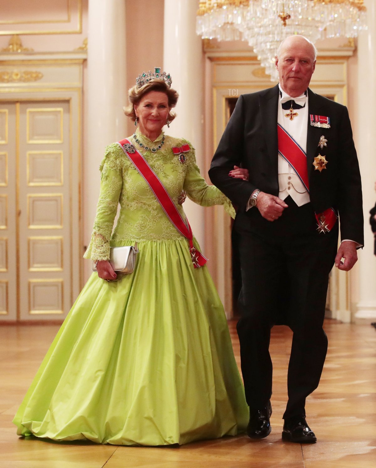 King Harald V and Queen Sonja of Norway arrive for a gala dinner at the Royal Palace in Oslo celebrating their 80th birthdays on May 9, 2017 (HAAKON MOSVOLD LARSEN/AFP via Getty Images)