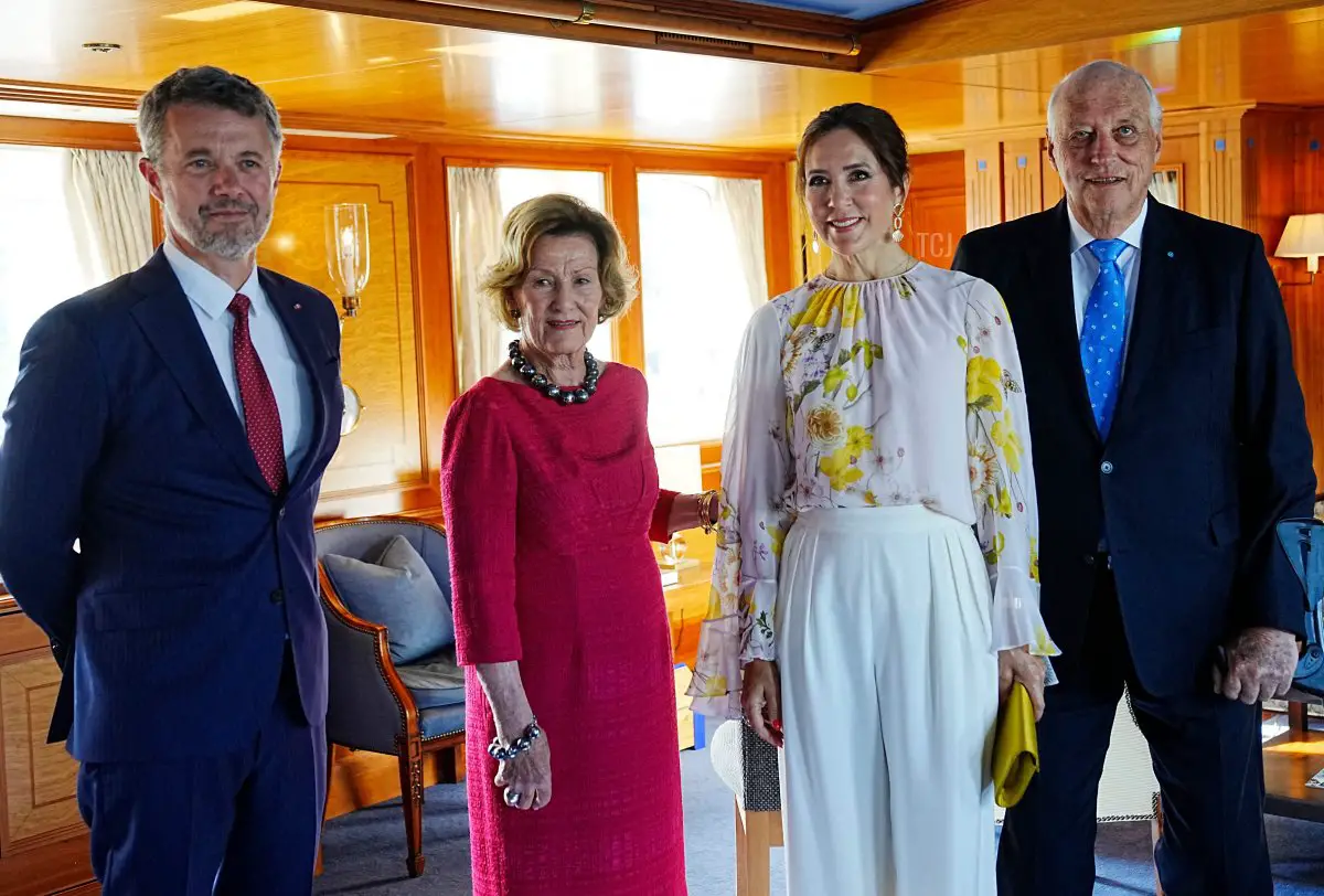 Crown Prince Frederik of Denmark, Queen Sonja of Norway, Crown Princess Mary of Denmark, and King Harald V of Norway pose on board the royal yacht Norge in Aarhus on June 16, 2023 (BO AMSTRUP/Ritzau Scanpix/AFP via Getty Images)