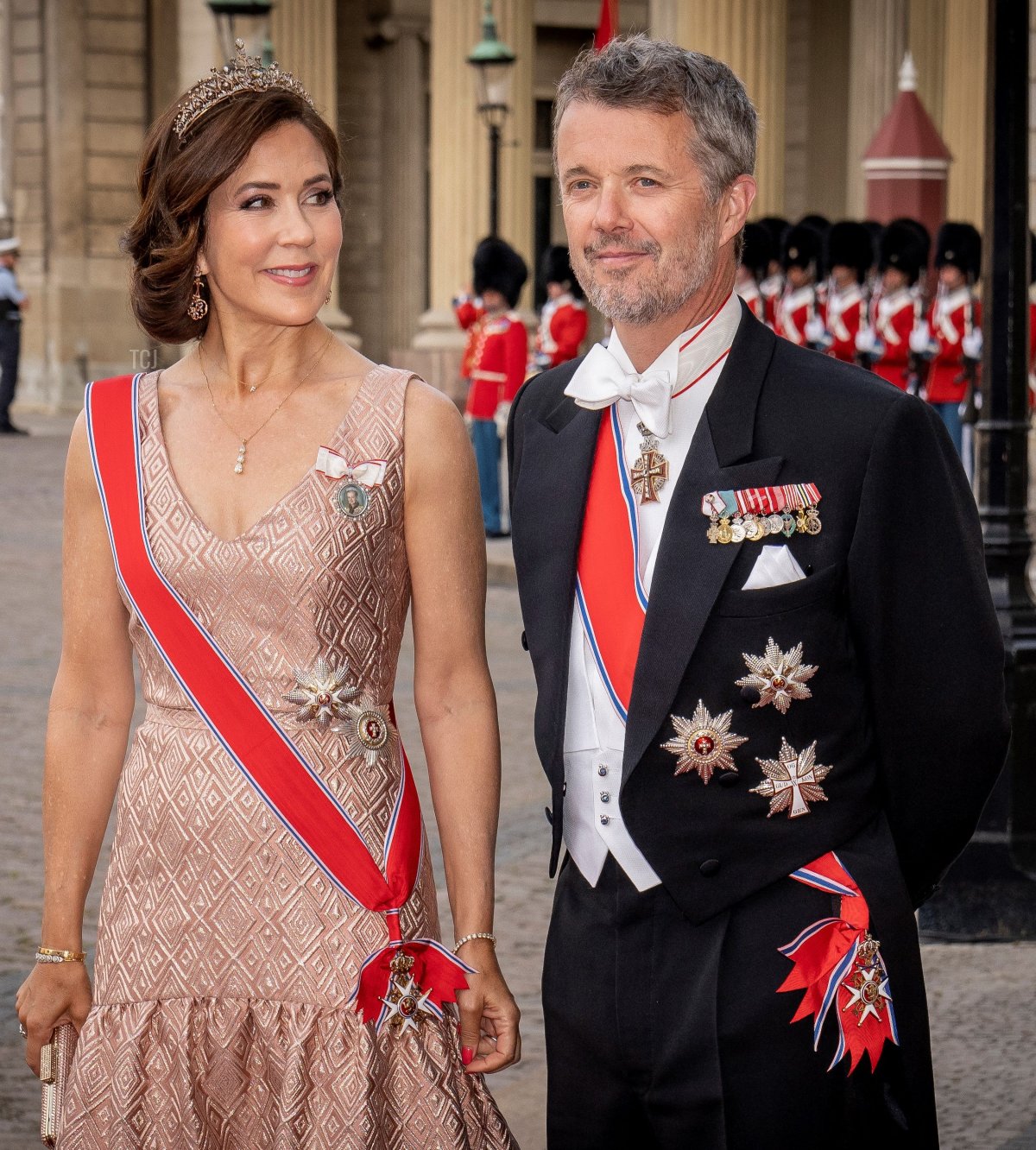 Crown Prince Frederik and Crown Princess Mary of Denmark arrive ahead of a gala dinner at Amalienborg Palace in Copenhagen on June 15, 2023 (MADS CLAUS RASMUSSEN/Ritzau Scanpix/AFP via Getty Images)