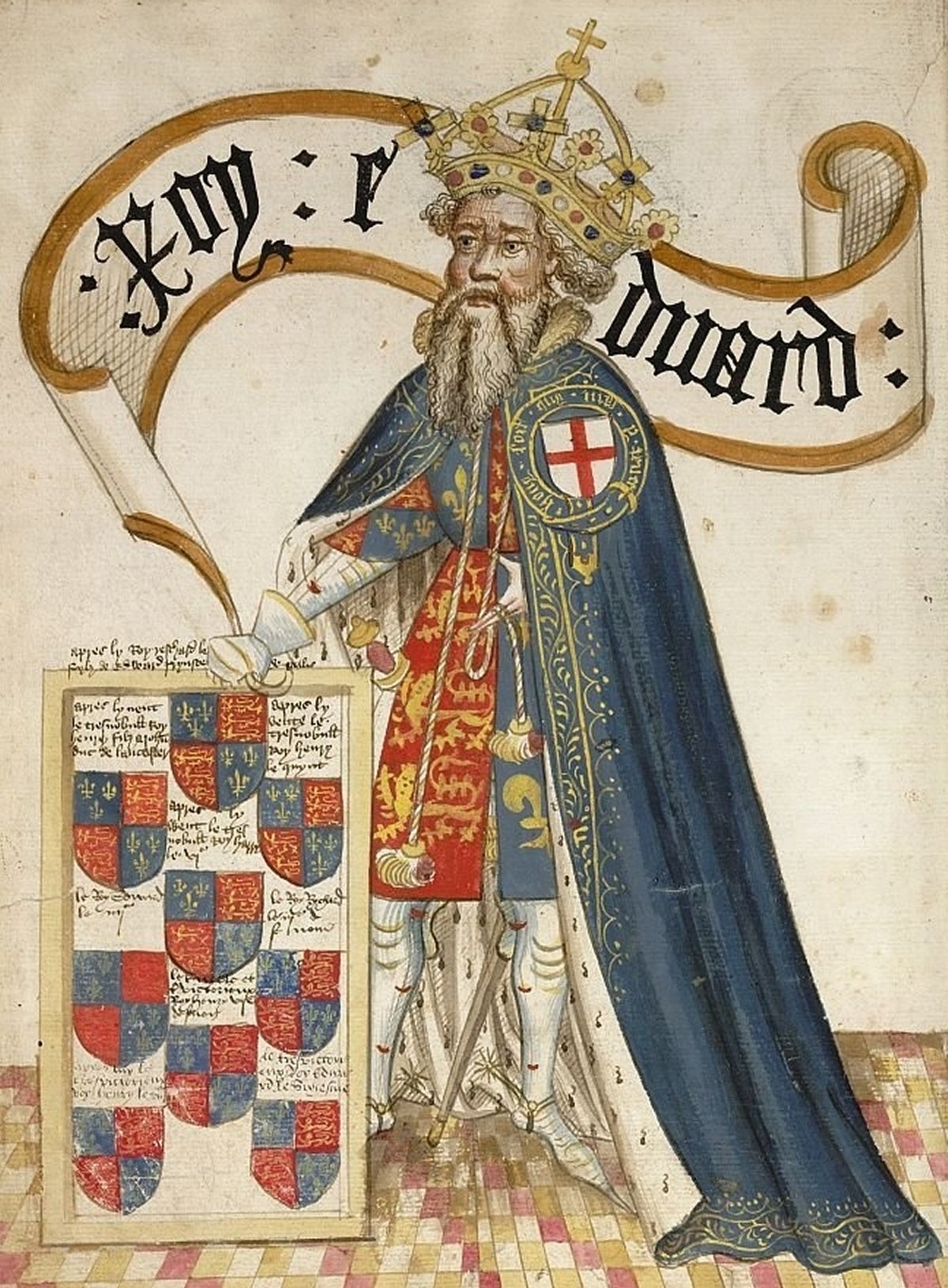 Re Edoardo III d'Inghilterra è raffigurato indossando i suoi abiti da Giarrettiera in una placca di un importante manoscritto miniato del XV secolo, il Bruges Garter Book (Wikimedia Commons)